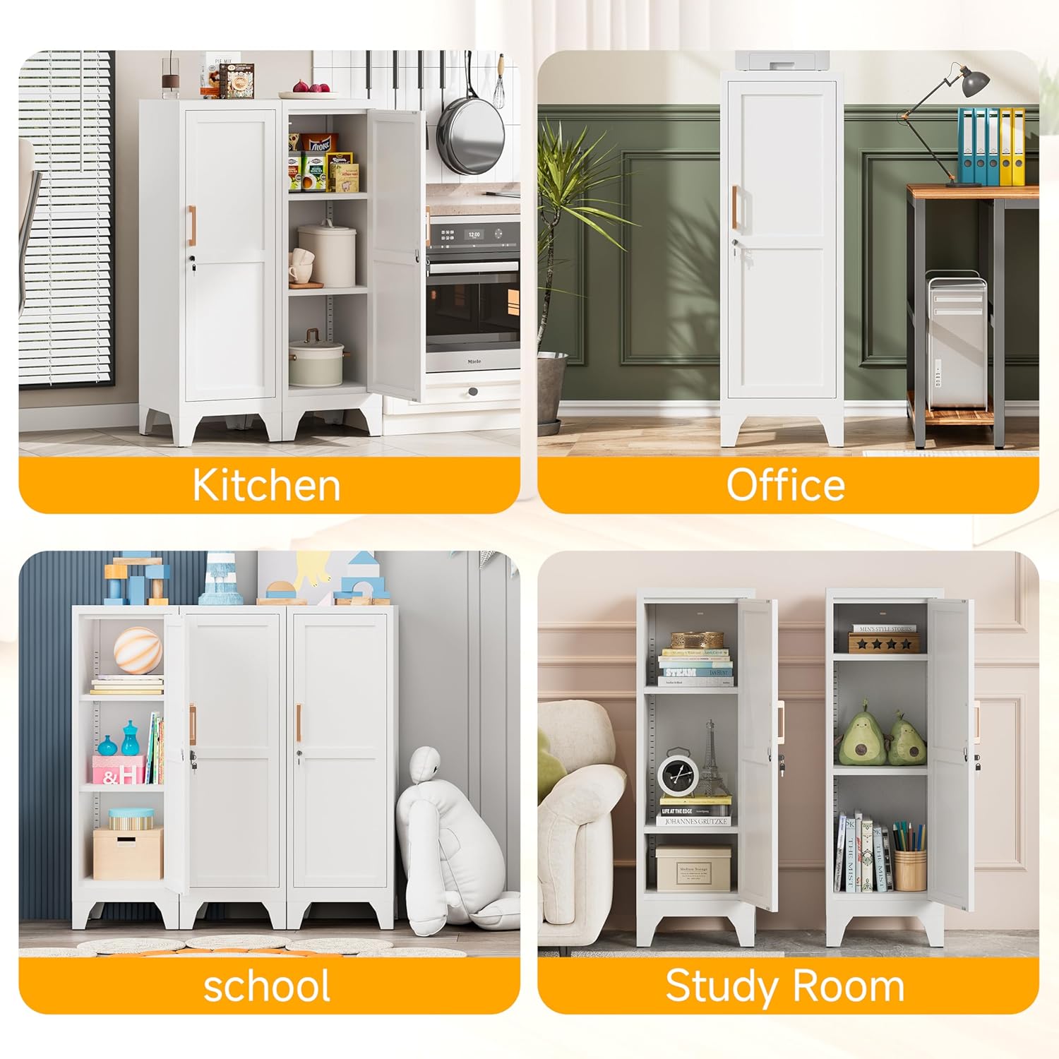 46"H White Metal Locker with 1 Lockable Door and 2 Adjustable Shelves For Employees,3 Tier Small Storage Cabinet with Detachable Legs and Vintage Handle for Kitchen, Office,School,Gym,Easy Assembly