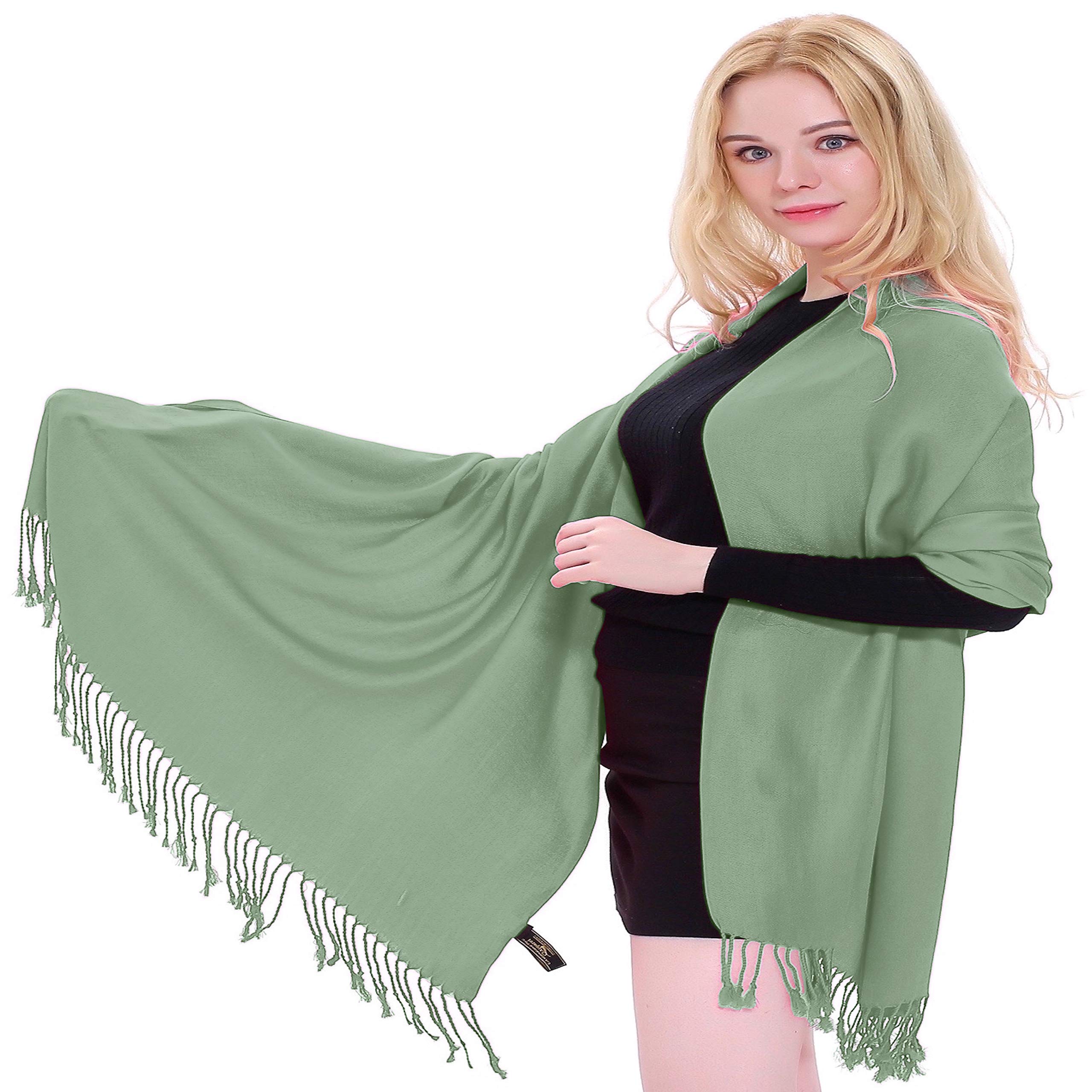 Cj Apparel Women's Laurel Green V1065 Laurel Green Pale Green Solid Colour Tassels Design Nepalese Shawl Scarf Wrap Stole Throw Head Wrap Pashmina Hand Made In Nepal