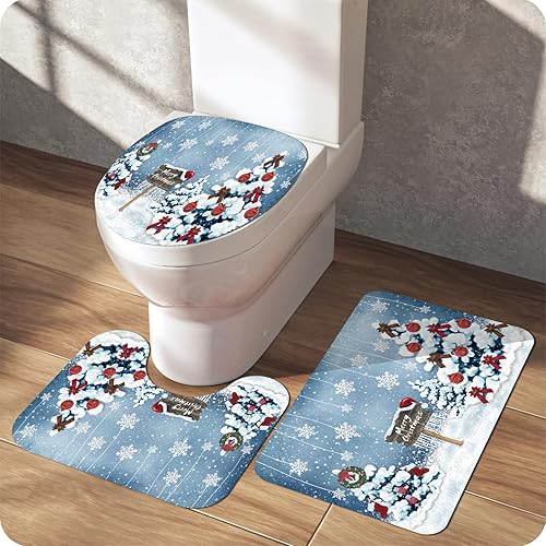 Miniatura 2 de powond Juego de cortinas de ducha de árboles de Navidad para baño con alfombras antideslizantes, cubierta de tapa de inodoro, tapete de baño y