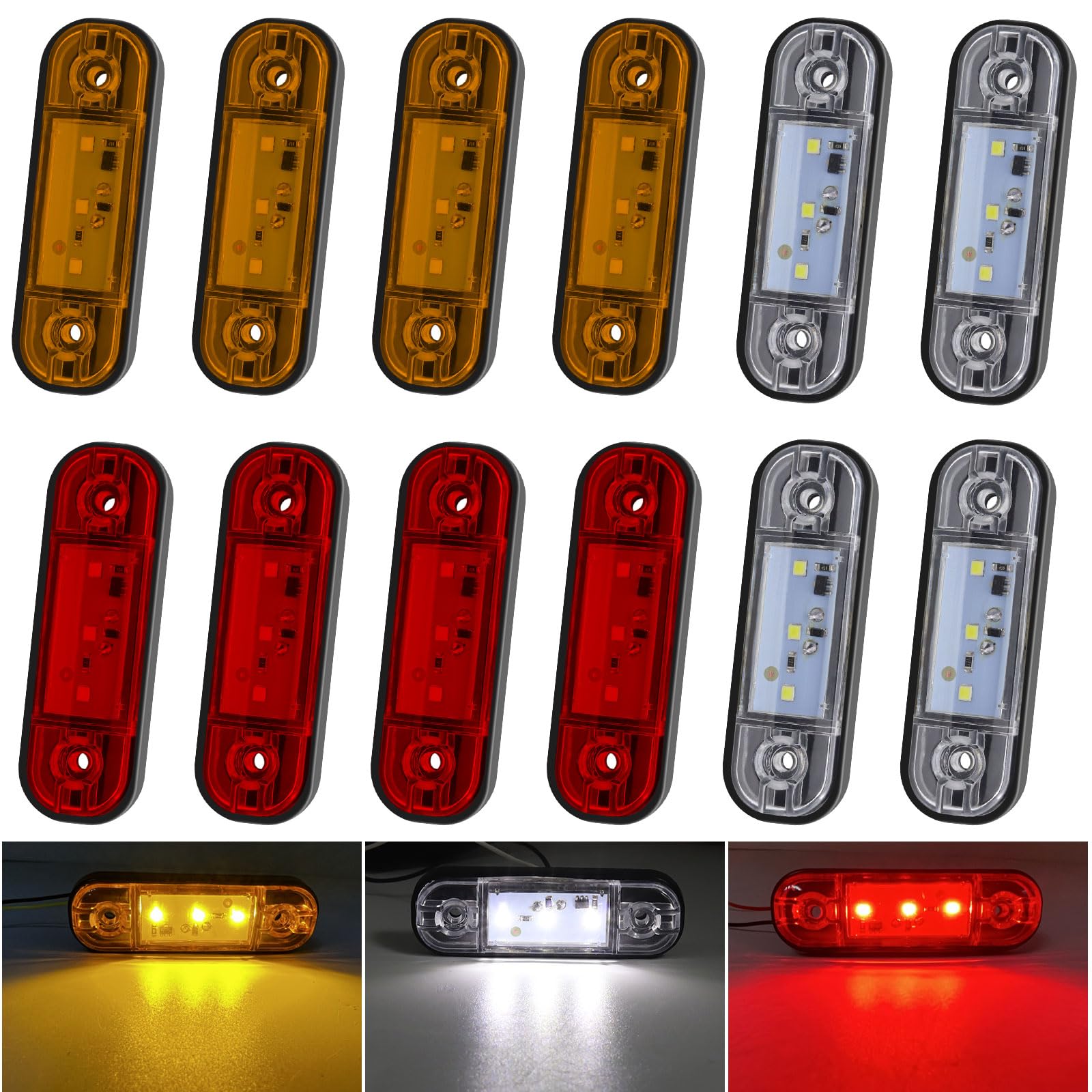 Biqing 12PCS 12V/24V Luci di Posizione Laterali Indicatori,3.4" LED Luci di Posizione per Rimorchio Camion Caravan Camper Barca Trattore Bus(Rosso+Bianco+Giallo)