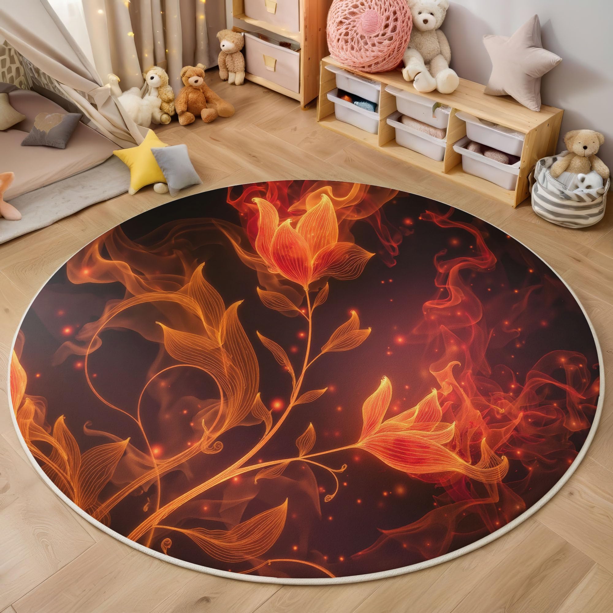 Tapis rond flammes fleurs lavable pour chambre et cuisine moderne