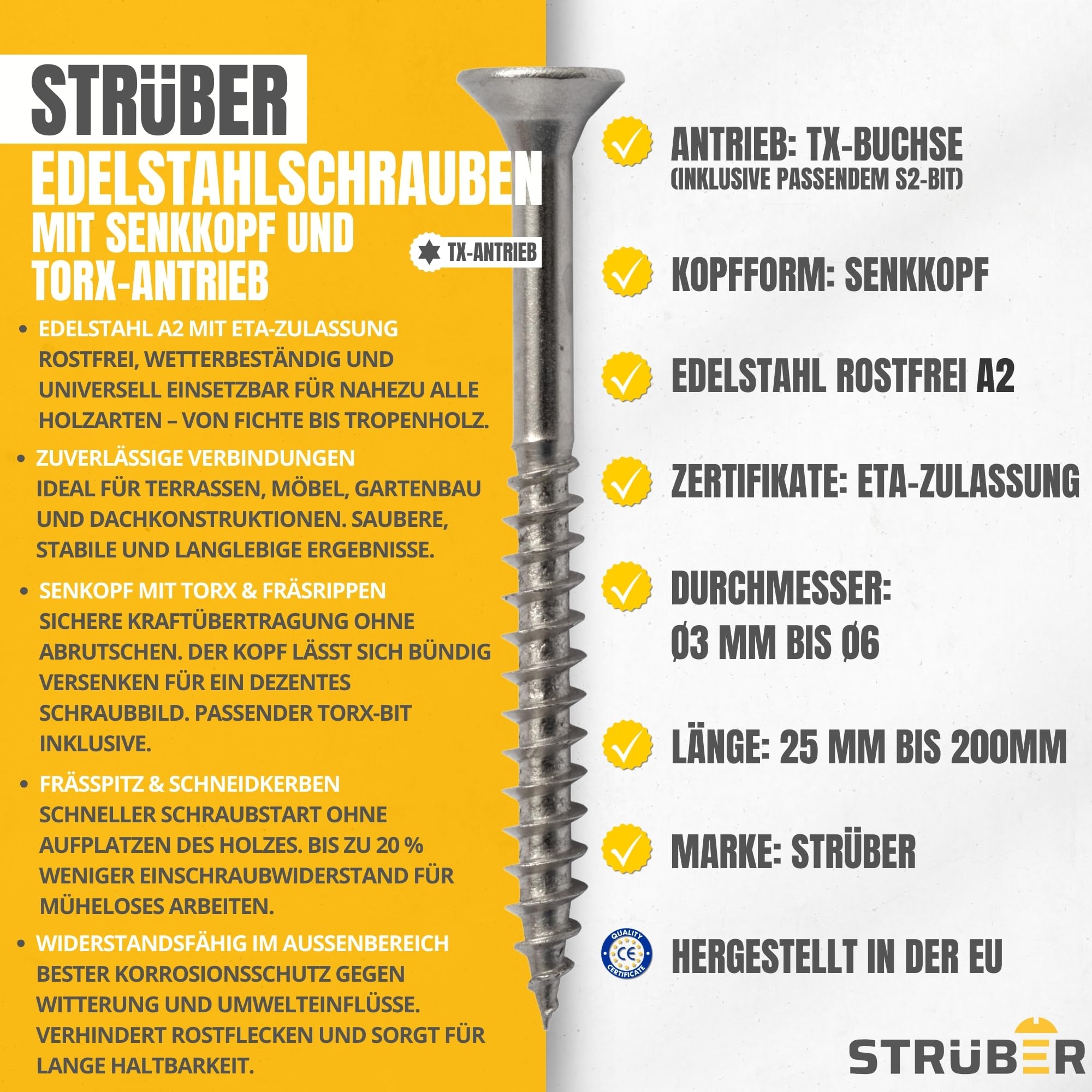 STRÜBER Universalschraube aus Edelstahl rostfrei A2 mit Senkkopf & Torx-Antrieb (3,5 x 30 mm / 200 Stk.) - Holzschraube - Spanplattenschrauben - Teilgewinde - TX-Bit inkl. - ETA