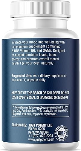 Miniatura 3 de Just Potent 5-HTP Ultra 200mg 120 cápsulas Suministro para 4 meses para el sueño, el estado de ánimo y la salud cerebral Fortificado con SAM-e y