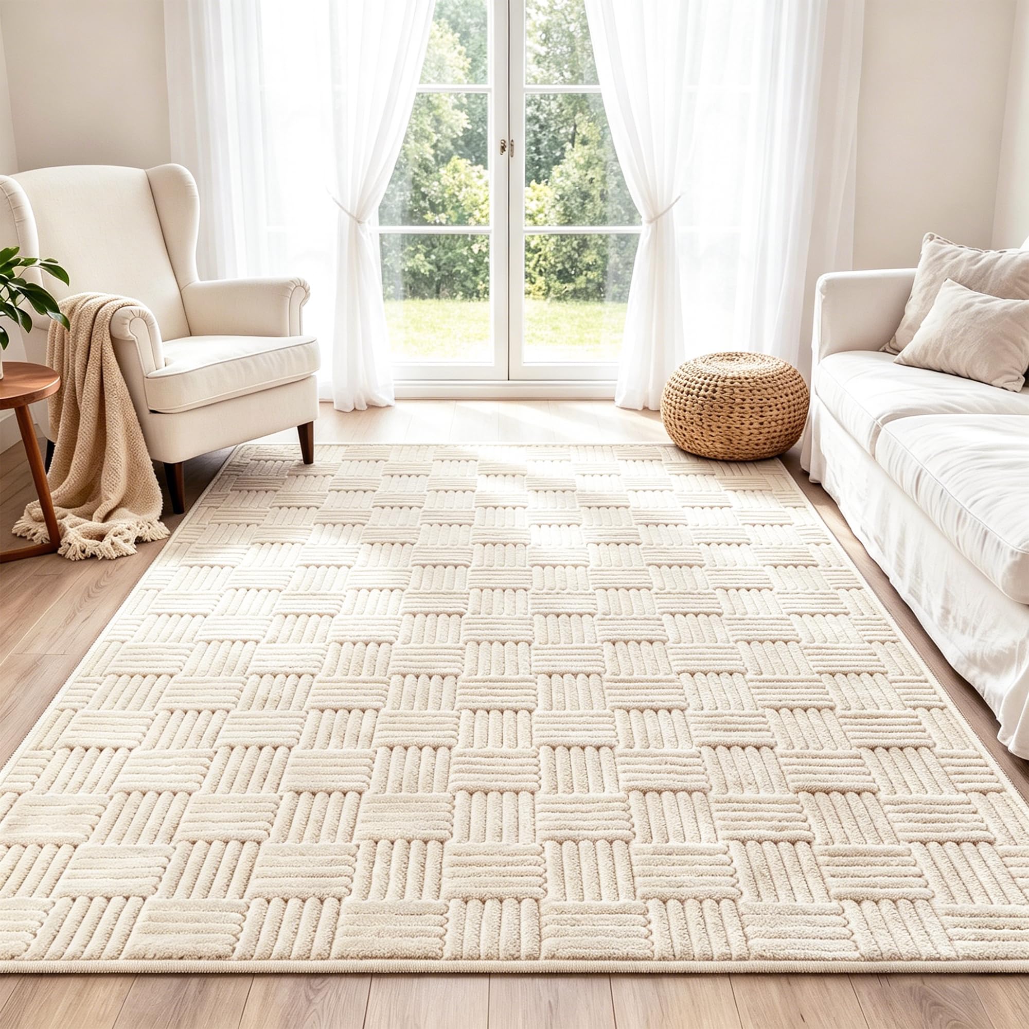 VSIWB Teppich Wohnzimmer 160x230cm Waschbarer rutschfest Kurzflor Teppiche 3D Effekt Flauschiger weiche und pflegeleichter Cream Moderner Teppich für Wohnzimmer, Schlafzimmer, Esszimmer, kinderzimmer