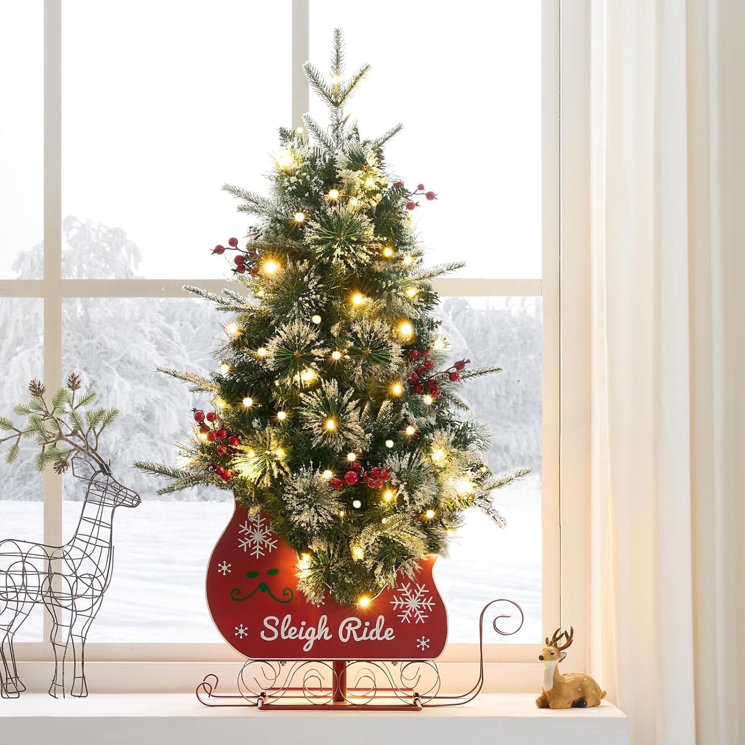 3FT Small Christmas Tree, Artificial Christmas Tree with 78 LED Lights & Bobsleigh Base, Prelit Mini Tree for Christmas Decor, Tabletop Christmas Tree, 8 Modes Remote Control, Timer Battery Operated