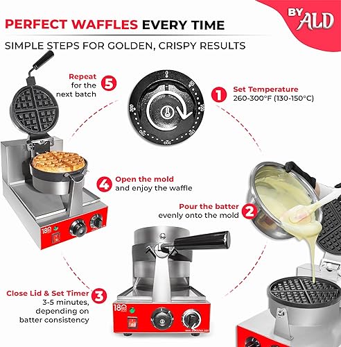 Miniatura 9 de ALDKitchen Gofrera belga gruesa Plancha para gofres con un elegante panel rojo Revestimiento antiadherente Uso comercial 110 V (rotación)