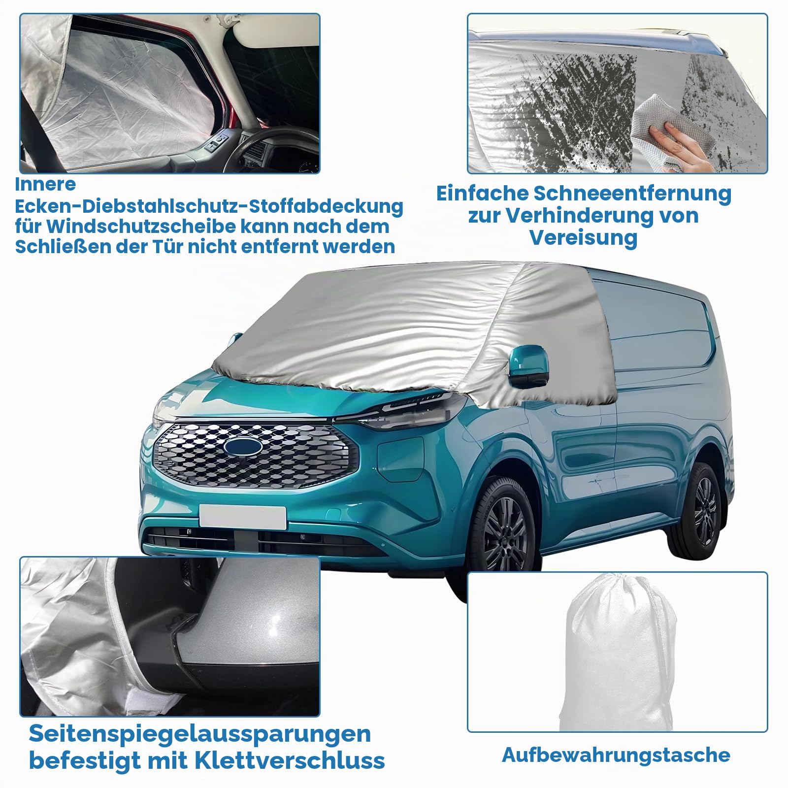 Windschutzscheibenabdeckung für Ford Transit Custom 2012-2022, Silber, faltbar, wetterfest, UV-Frost-Schnee-Eisschutz