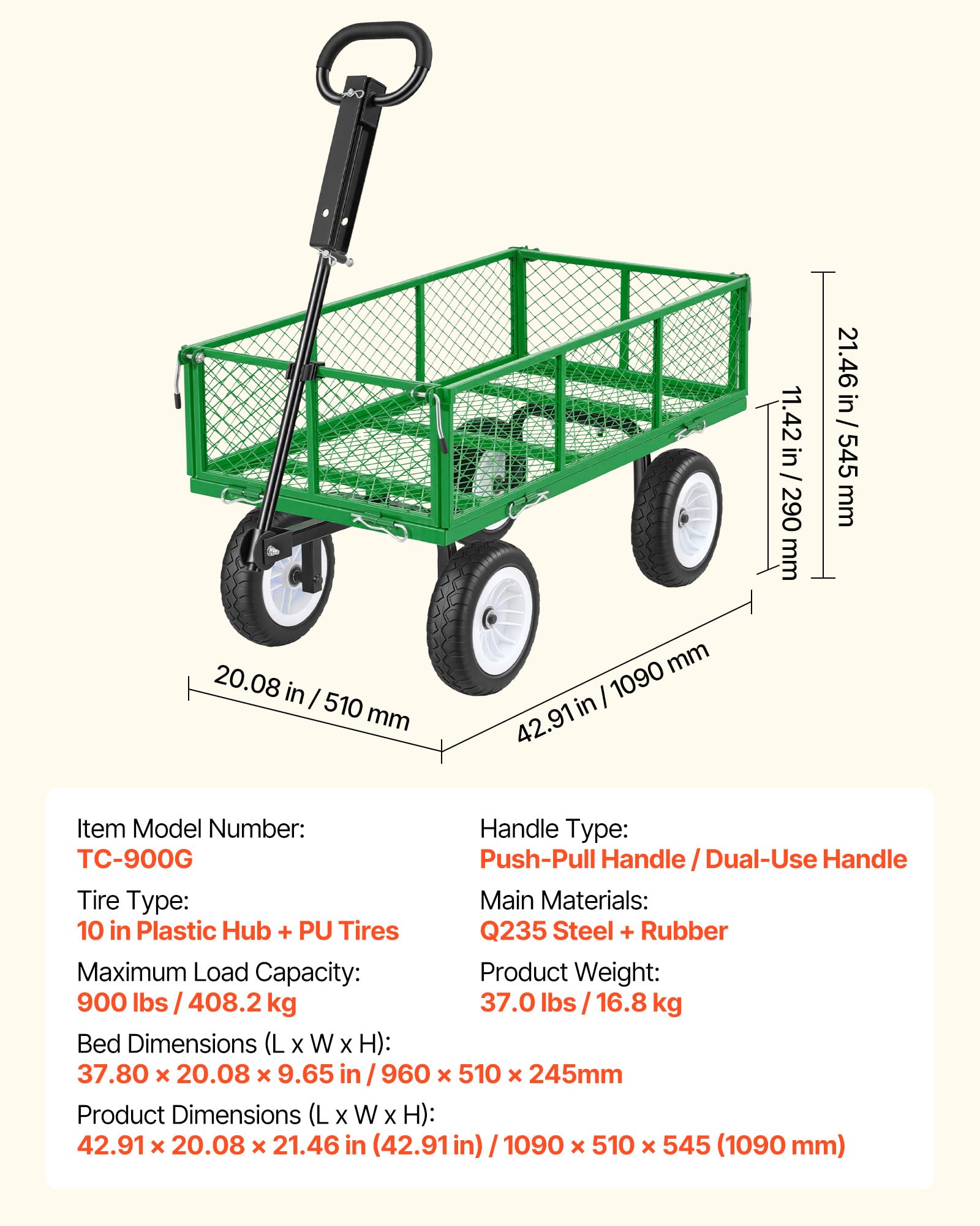 VEVOR Chariot de Jardin en Acier Max. 408,2 kg Chariot de Transport de Jardin pour Bois Terre Débris, Côtés Amovibles, Pneus PU Increvables 25,4 cm, Poignée Réglable, Compatible Quad Tracteur, Vert