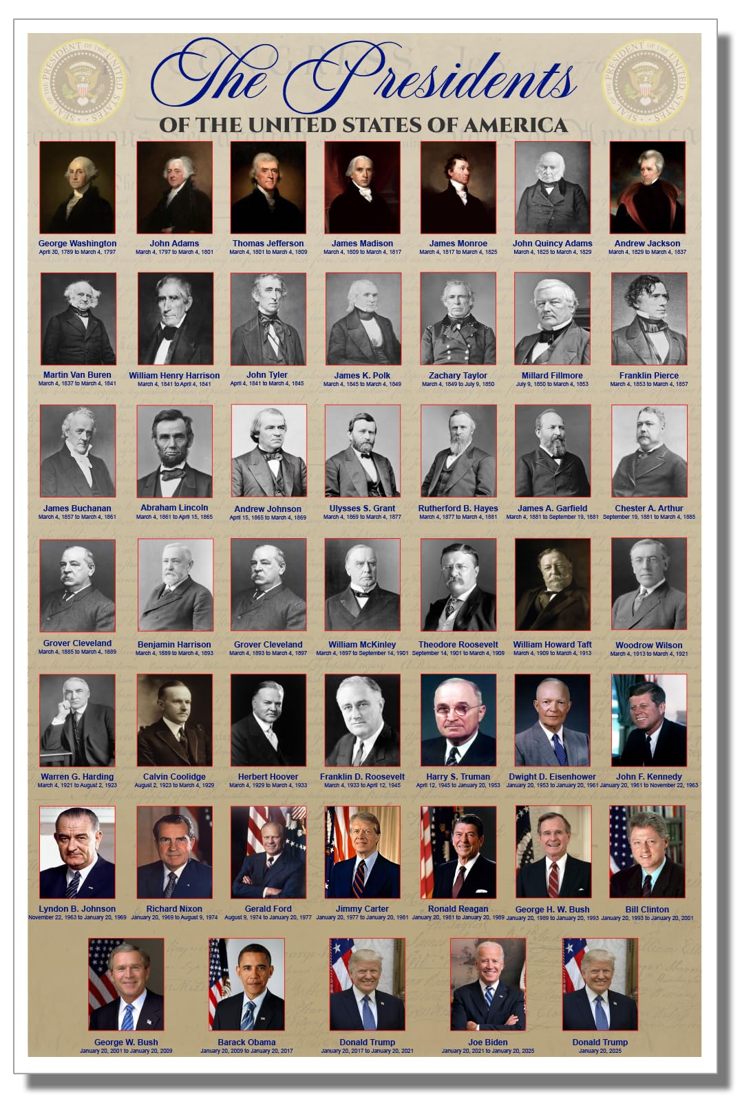 American History - The Presidents of the United States, NEW Classroom POSTER