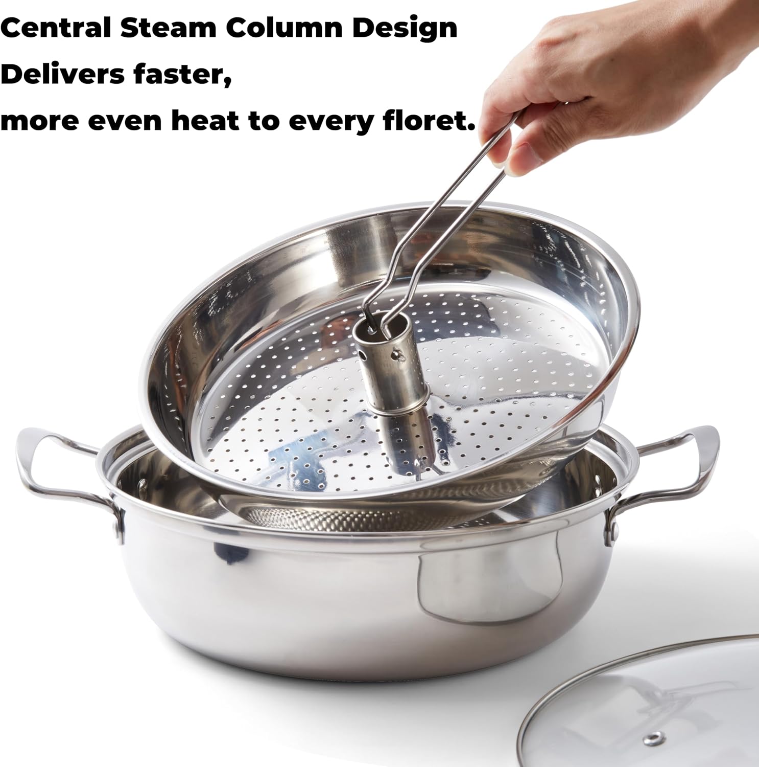 Broccoli Steamer Pot for Stovetop with Central Steam Vent – Stainless Steel Vegetable Steaming Pot with Perforated Basket and Glass Lid – Single-Layer Steamer for Broccoli and Greens