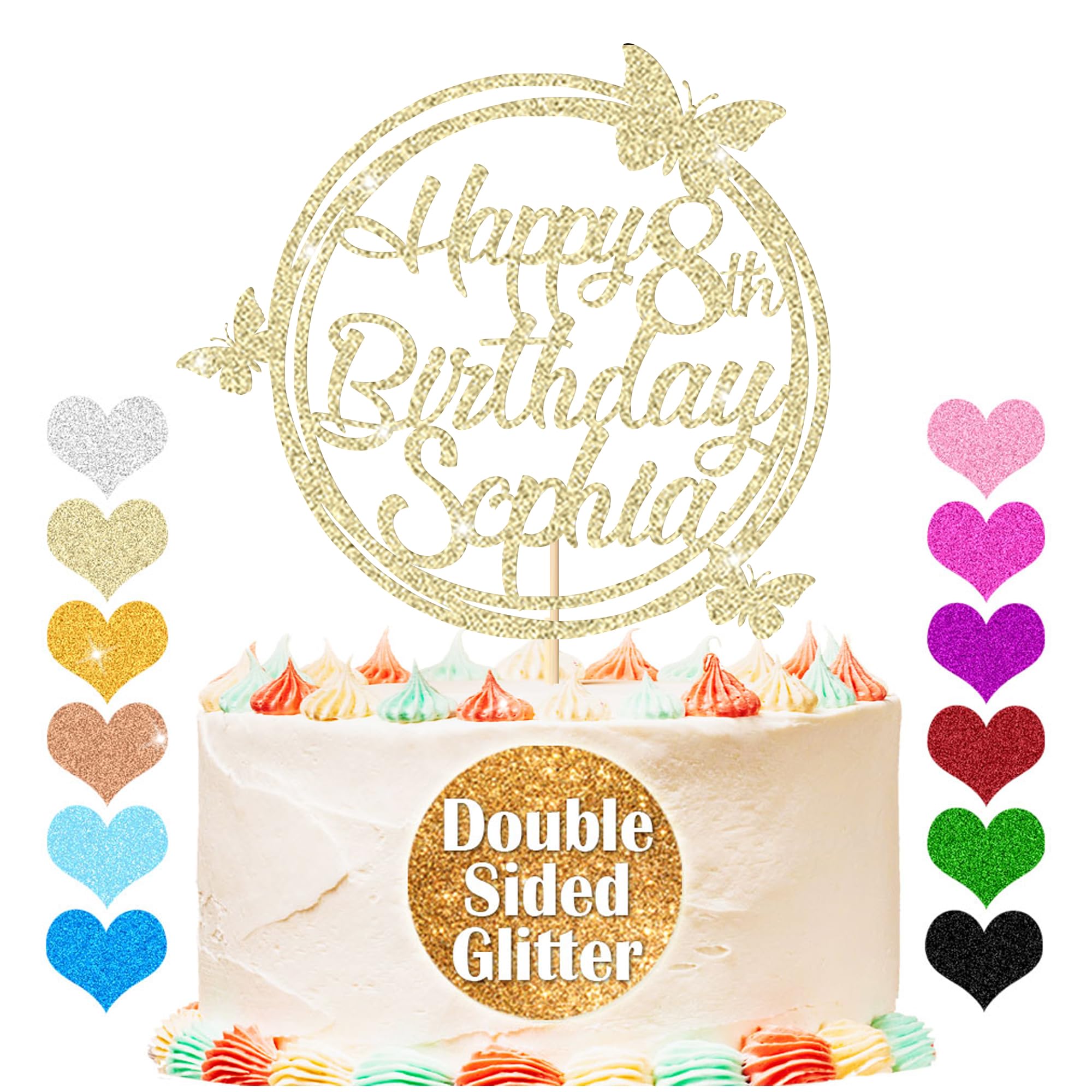 Personalised Happy Birthday Glitter Cake Topper, Custom Cake Topper Any Name & Age, Round Butterfly Cake Toppers, Birthday Party Cake Decorations for 18th 30th 40th 50th 60th 70th (Champagne Gold)
