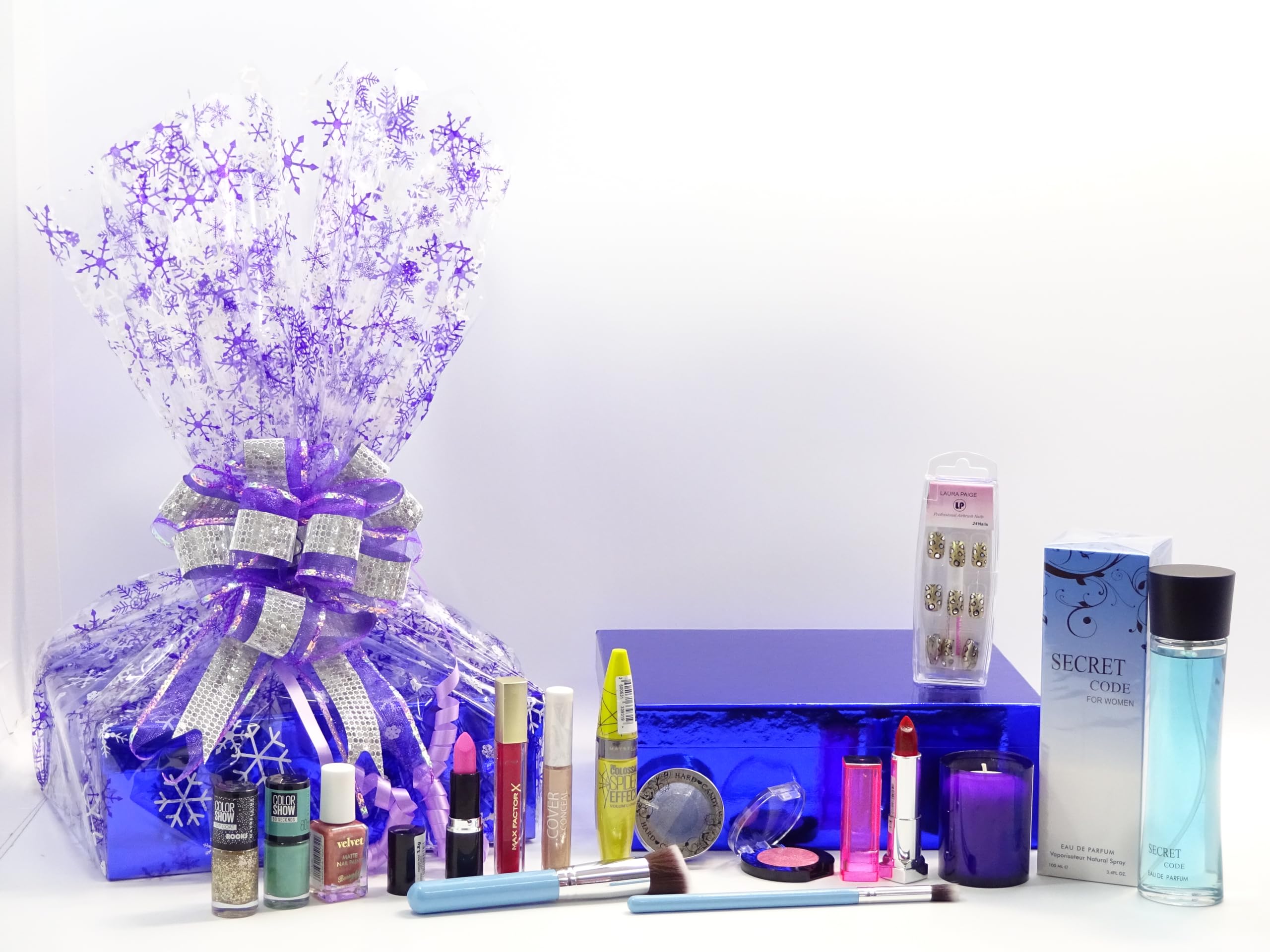 Unique Gift Boîte à parfums, bougies et maquillage 14 pièces – Boîte de beauté cadeau pour femme (panier pour elle – Flocon de neige violet)