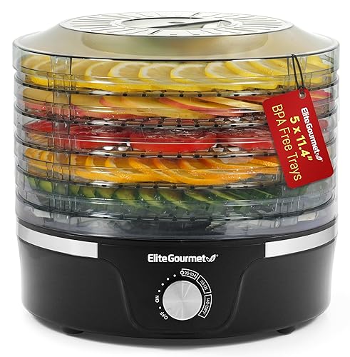 Elite Gourmet EFD319 Food Dehydrator, 5 BPA-Free 11.4" Trays Adjustable Temperature Controls, Jerky, Herbs, Fruit, Veggies, Dried Snacks, Black - Black