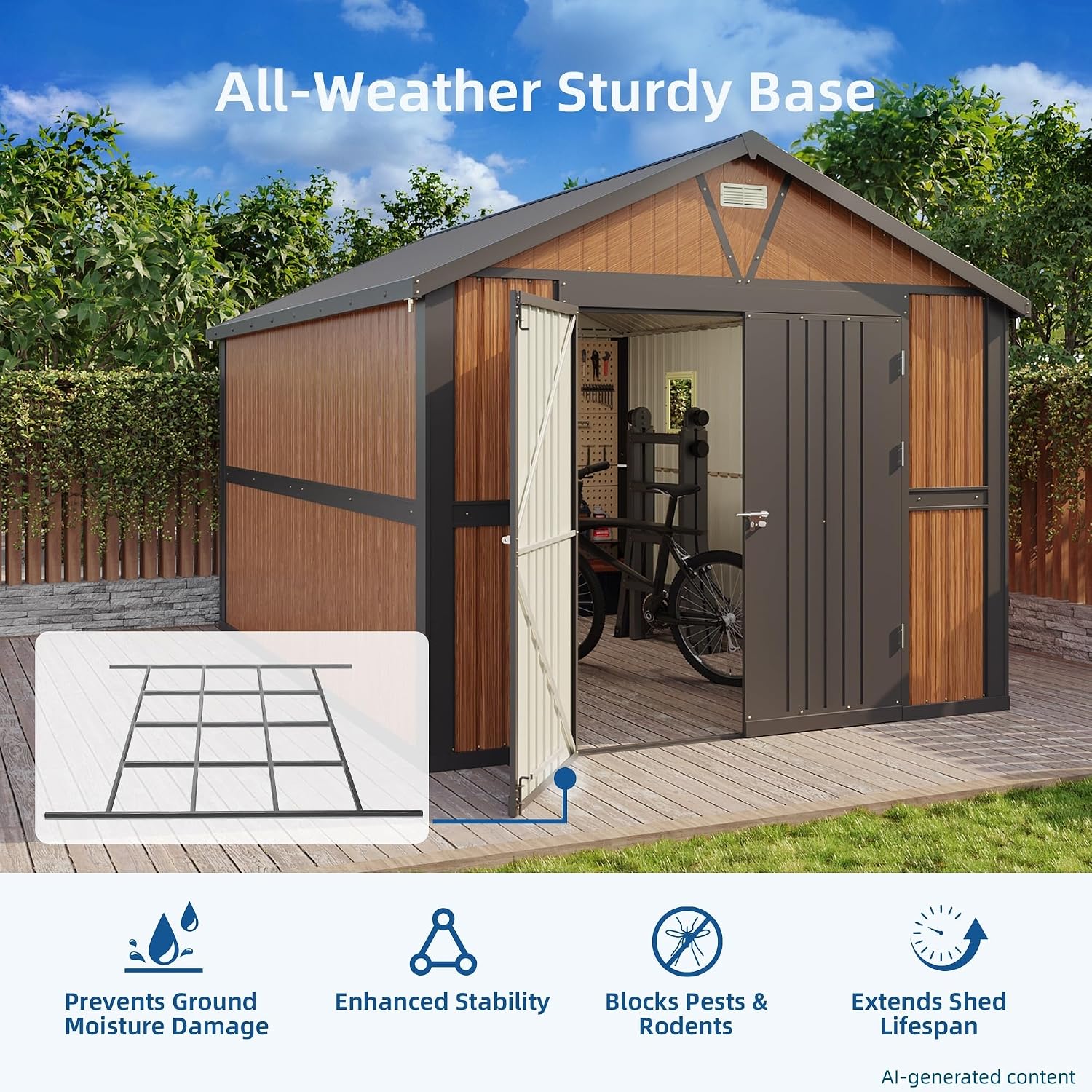 Canovire shed with all-weather sturdy base preventing moisture damage