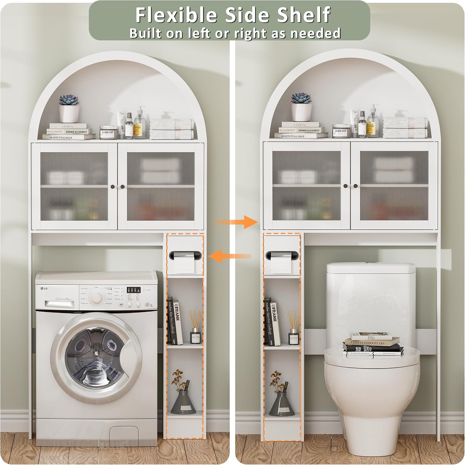 HQZX Over The Toilet Storage Cabinet, 31''W Arched Space-Saving Bathroom Organizer with Adjustable Shelf and Acrylic Doors, Freestanding Over Toilet Cabinet for Bathroom, Laundry, Restroom (White)