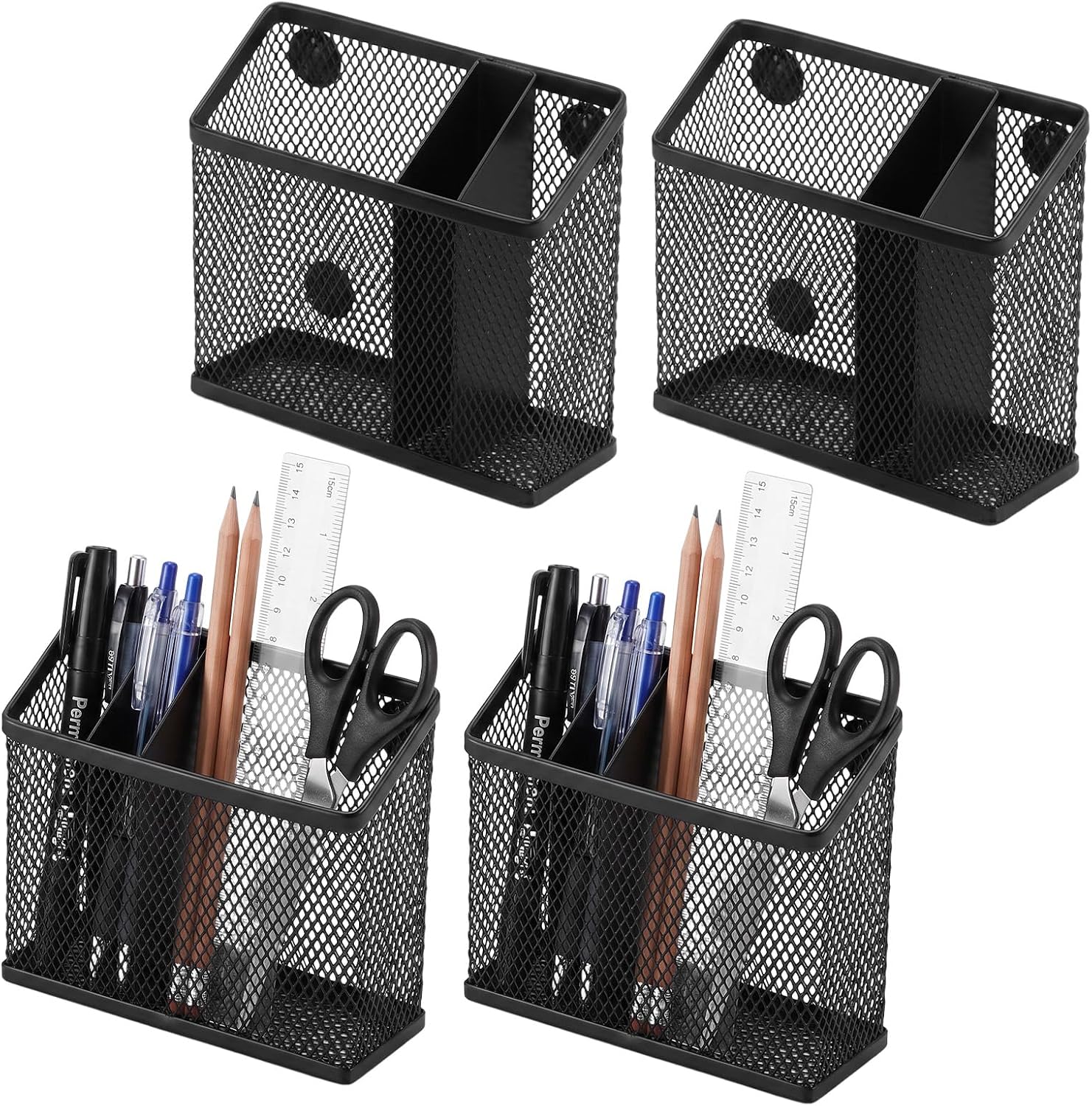 4-Pack Magnetic Pen Holder, 3-Compartment Metal Mesh Organizer for Whiteboard, Refrigerator, Locker & Filing Cabinet – Black
