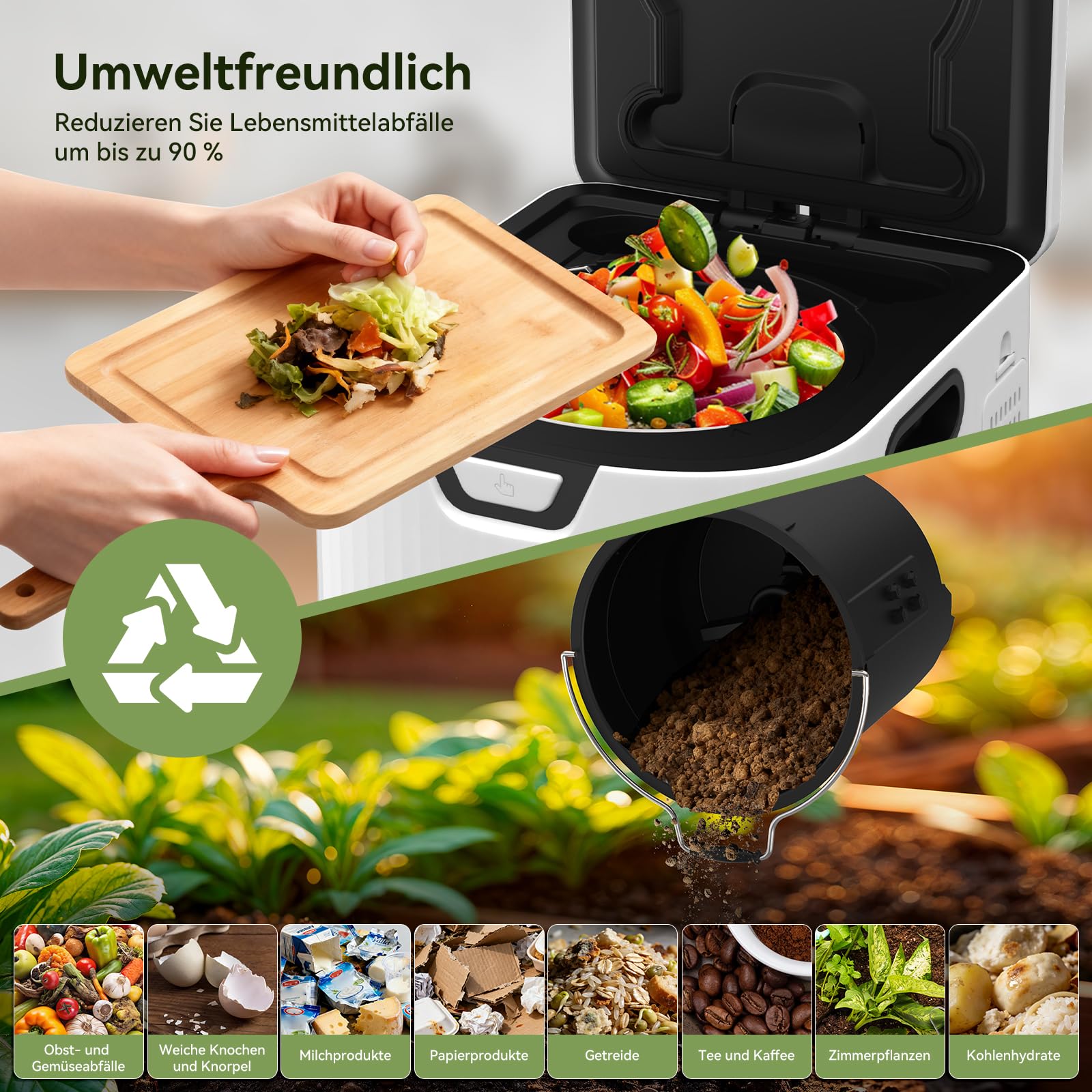 Fullwatt Elektrischer Komposter 3.3L Geruchsfreier Komposter Elektro-Schnellkomposter mit 2 Kohlenstofffilter Komposteimer & LED-Anzeige für Organisches Material & Lebensmittelreste Selbstreinigend