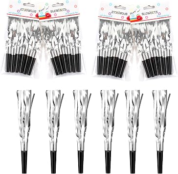 24 Pieces silvery Glitter Metallic Fringed Noise Maker Musical Blowouts, Squawker Whistles Party Noisemakers for Birthday, New Year, Party Favor Decoration Supplies Silvery