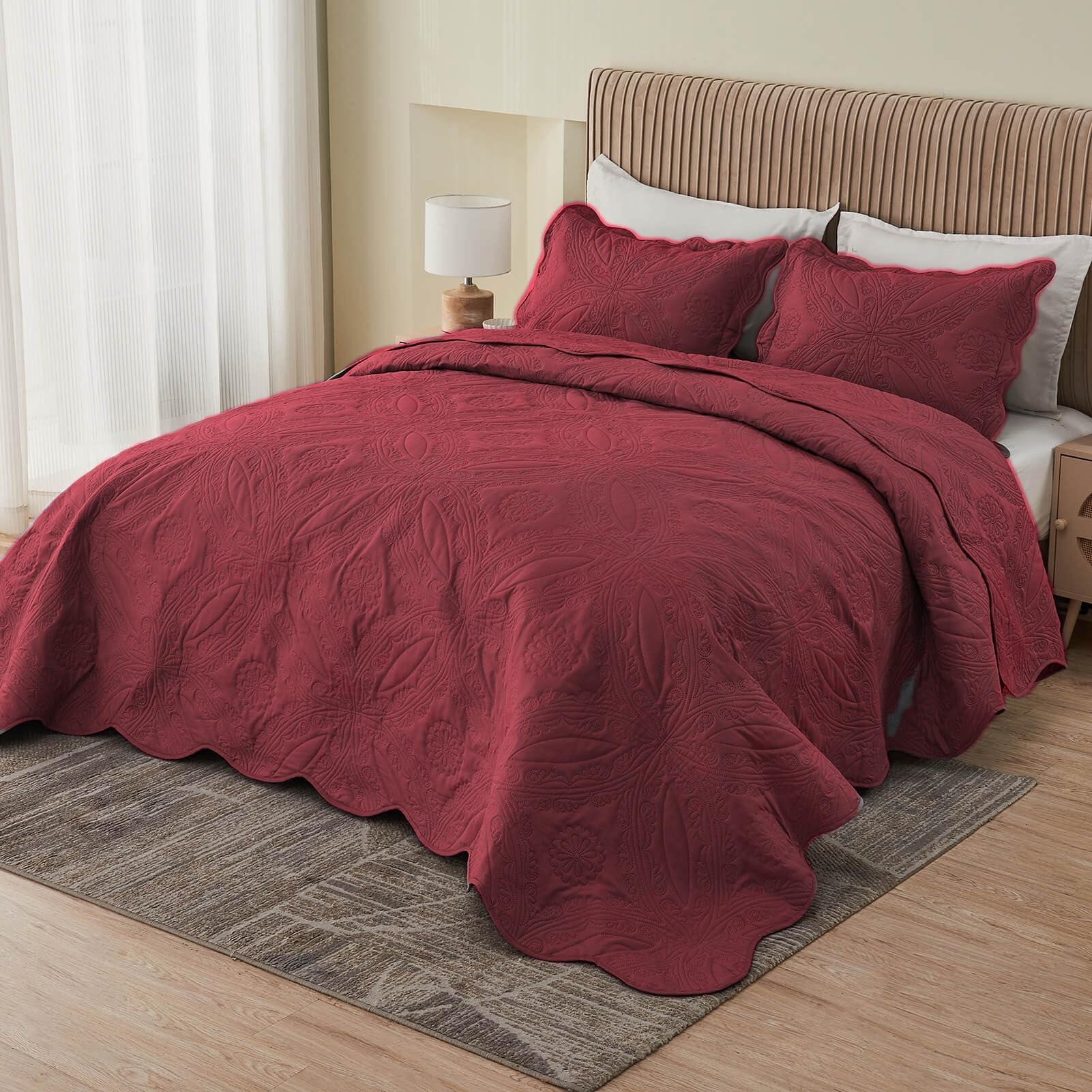 Kingnex Oversized King Bedspreads 128x120 Ultrasonic Quilted Burgundy
