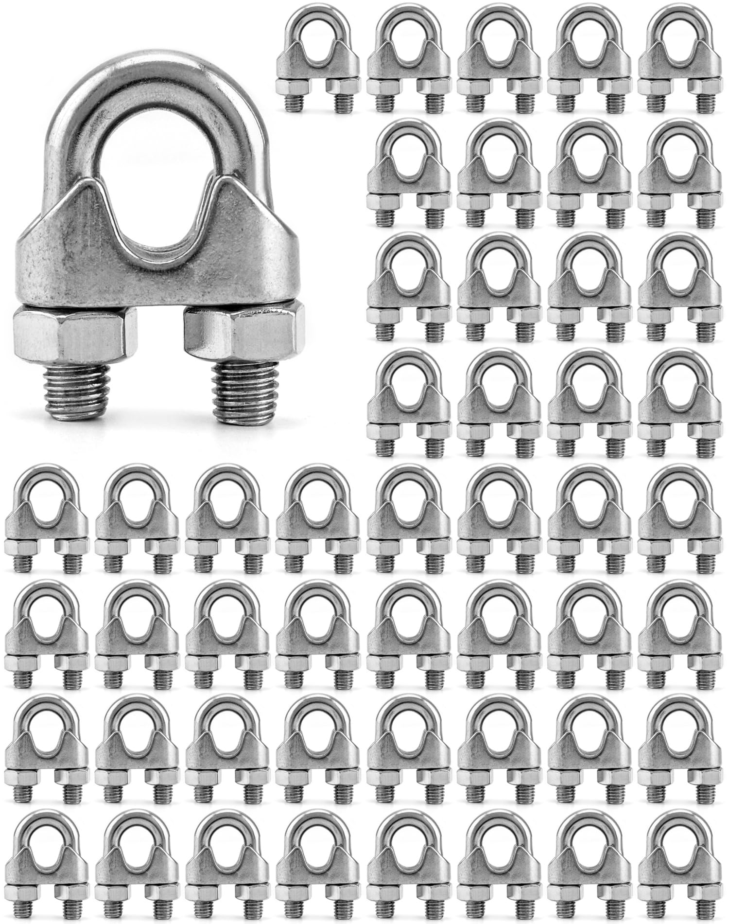 QWORK Morsetto per fune metallica da 1/2", M12, confezione da 50 pezzi di grandi dimensioni con bullone a U, morsetti per cavi di fissaggio in acciaio inossidabile 304, collega 2 strati di filo per