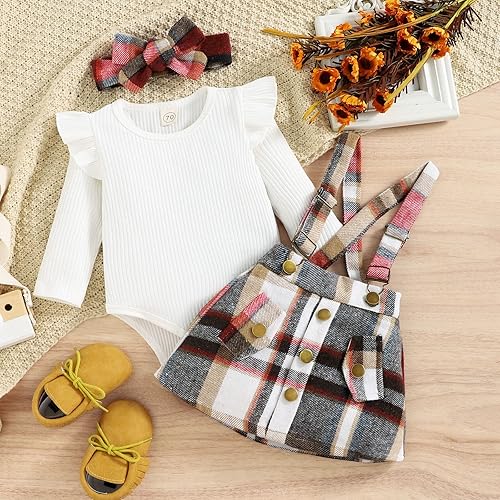 Miniatura 6 de KAGAYD Conjunto de ropa de otoño e invierno para bebé niña, mameluco acanalado de manga larga con estampado a cuadros, faldas con tirantes