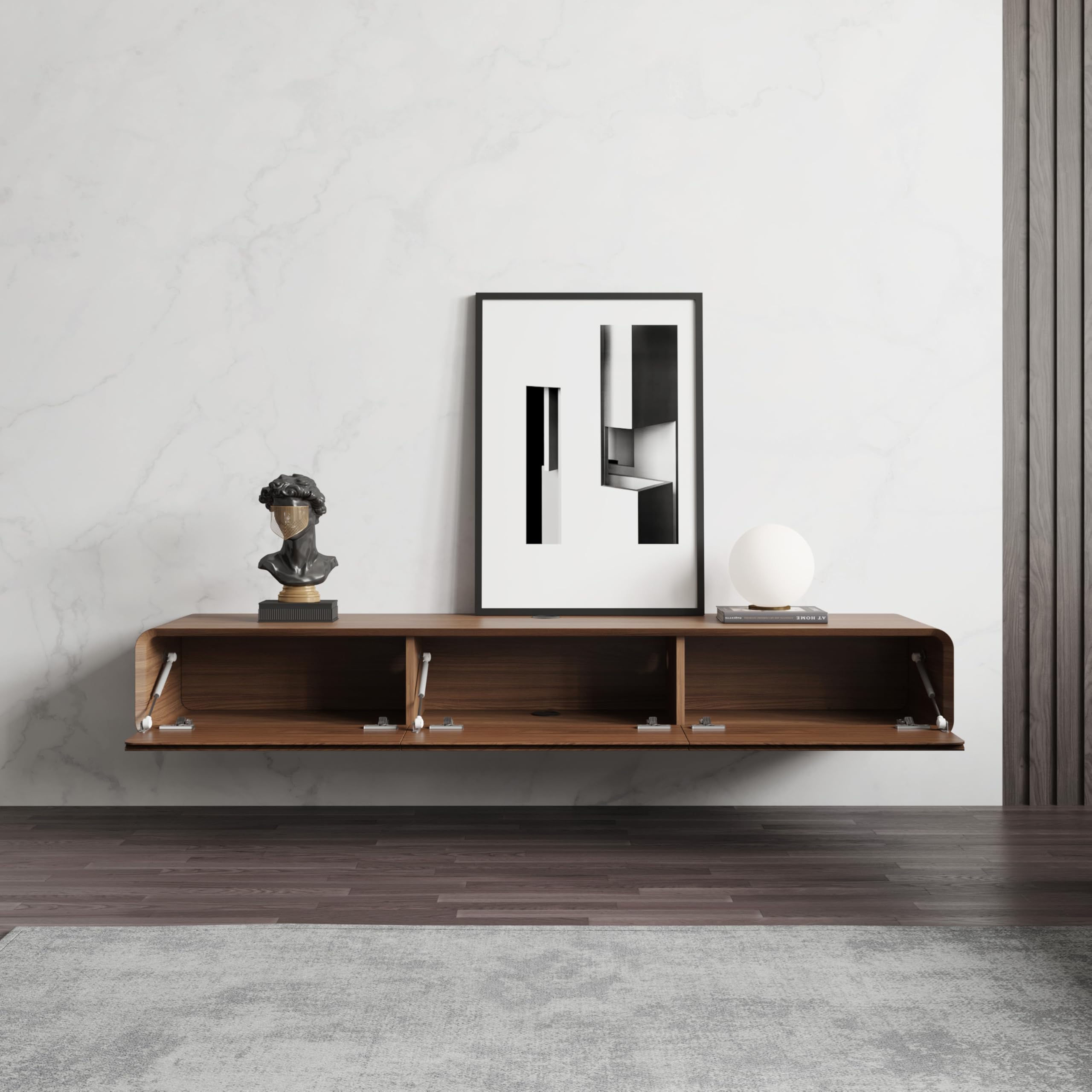 POVISON TV Schrank schwebend 160cm modern Walnussholz aus Massivholz mit 3 Schubladen, TV Lowboard hängend mit Kabelmanagement hochwertig, Komplettmöbel mit Stauraum für Wohnzimmer