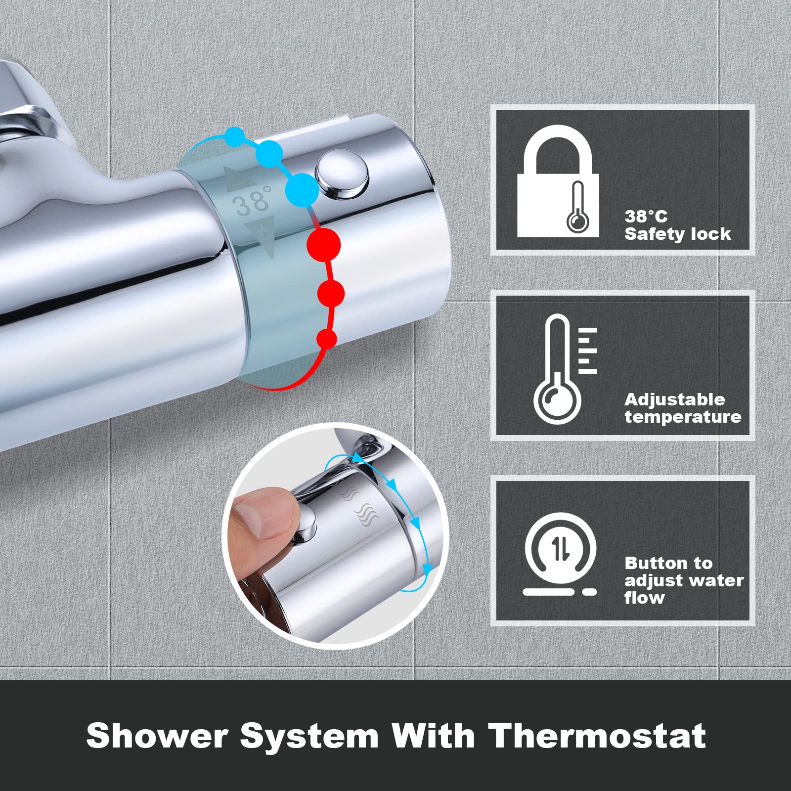 ARCORA Duschsystem mit Thermostat, Komplettset mit Thermostat Badewannenarmatur 38°C Sicherheitssperre, 360° Schwenkbarer Regenduschkopf, Handbrause mit 3 Strahlarten, aus Messing und Edelstahl, Chrom
