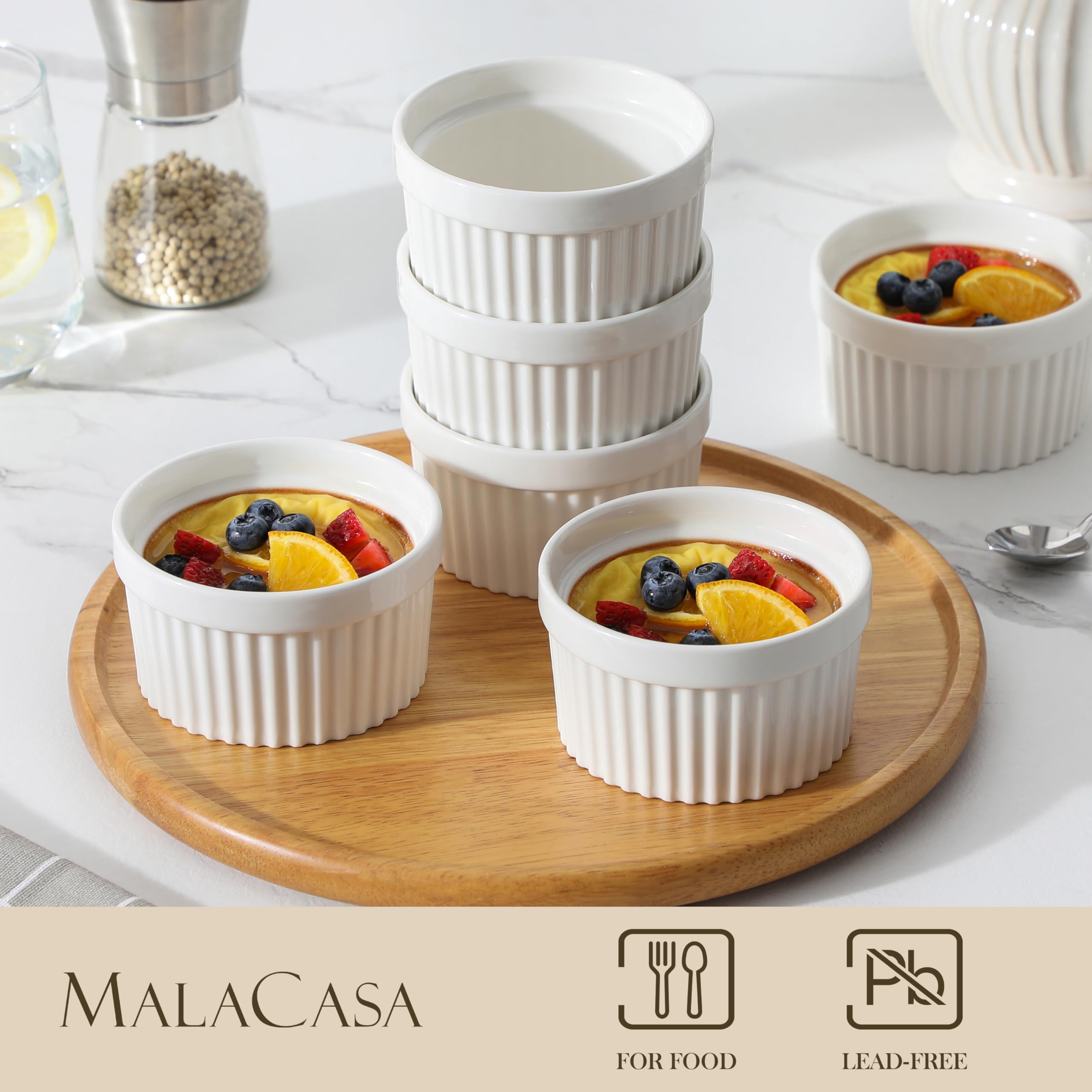 MALACASA Lot de 6 Petit Ramequins Four en Porcelaine, Ramequins Individuels en Céramique pour Soufflés Crème Brulée Muffins Cupcakes Puddings, 320ml, Blanc Ivoire