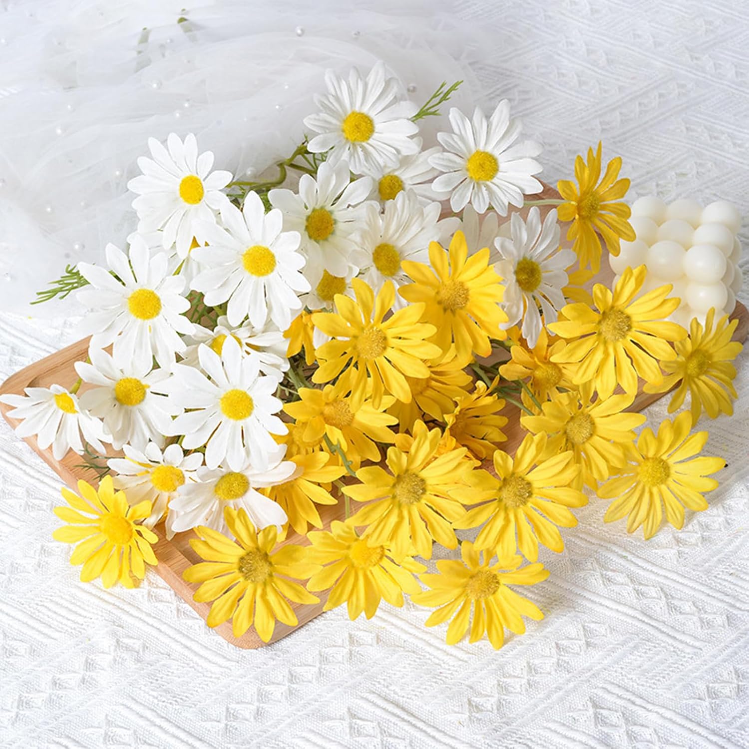 Artificial Daisy Flowers 12Pcs Artificial Flowers Silk Daisies with Stems Real Look for Home Wedding Garden Vase Decor (White+Yellow) - Image 3