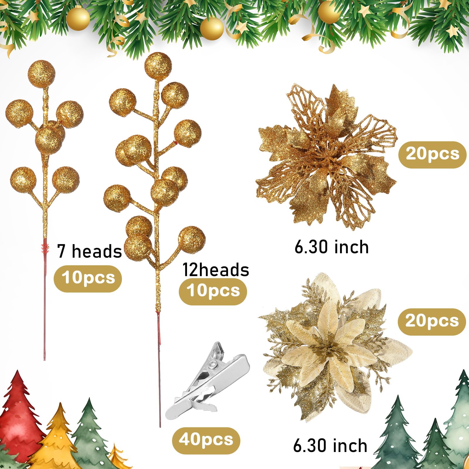 60 piezas de 4 estilos de bayas con purpurina para Navidad, flores artificiales de Pascua para árbol de Navidad, adornos de árbol de Navidad, coronas de Navidad, manualidades, decoración de