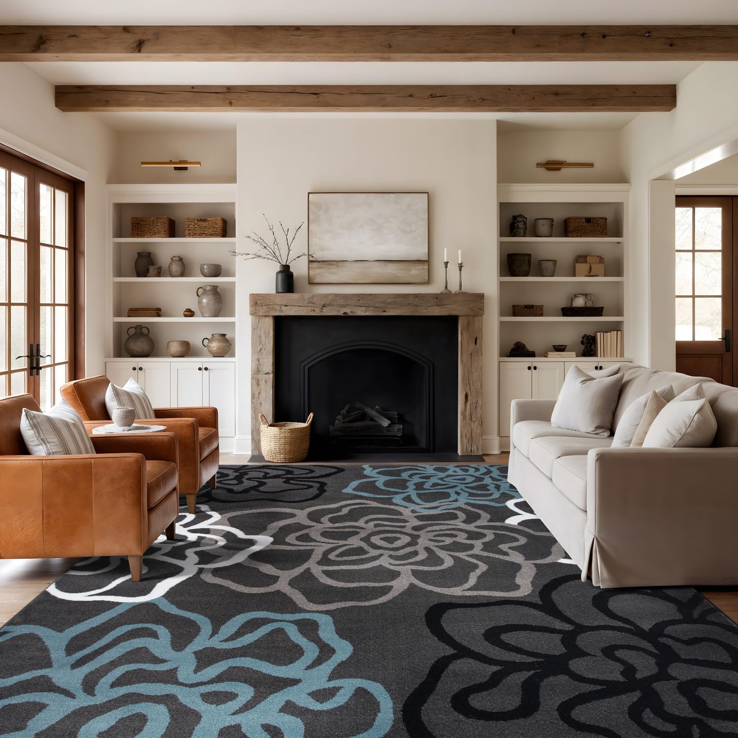 Rugshop Modern Floral Dark Gray Flower Area Rug Non-Shedding Carpet for Large Living Room Bedroom or Open Spaces
