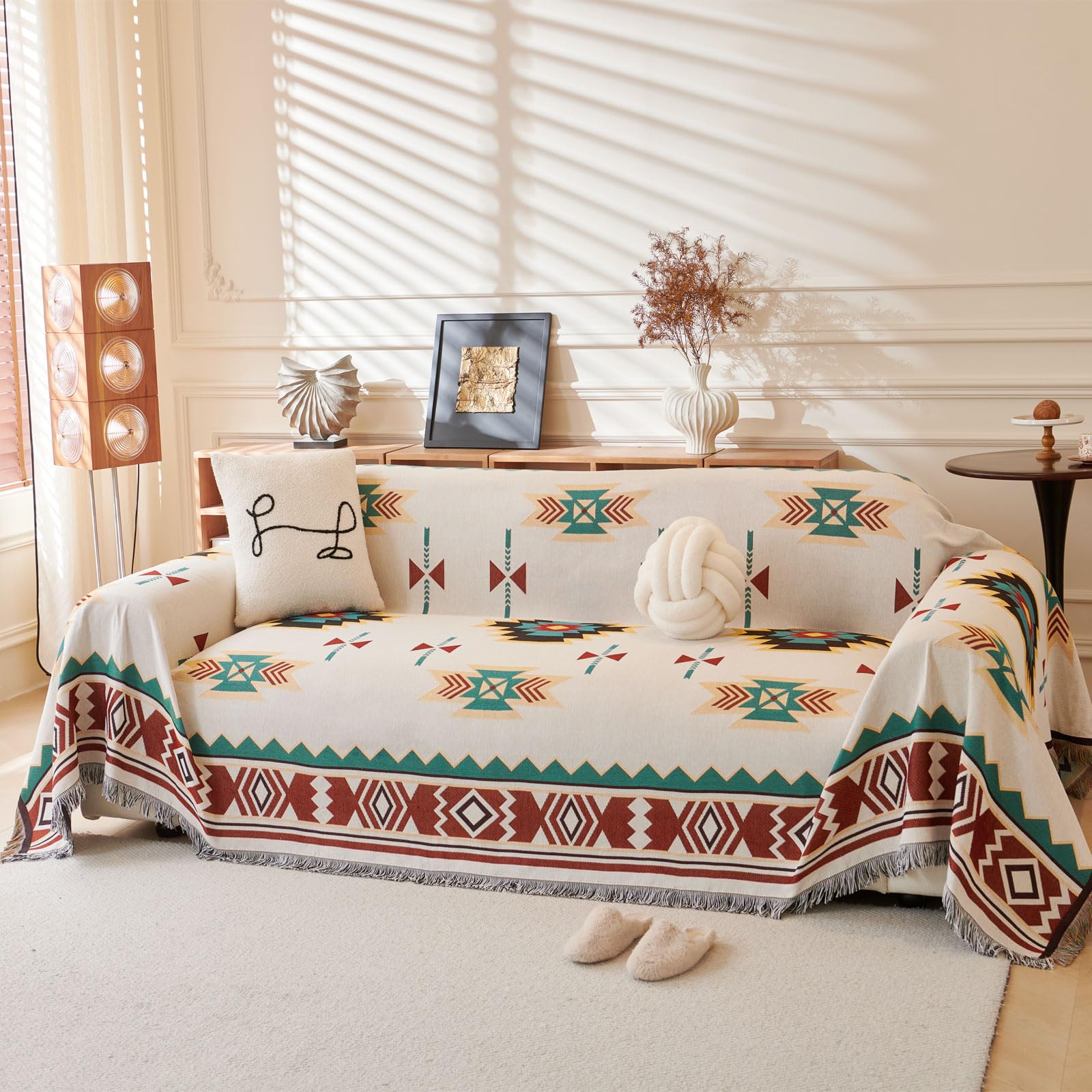LHGOGO Aztec Large Sofa Throw Blanket with Tassels, 180x300cm Extra Thick Bohemian Woven Blanket for 3 4 Seater Settees