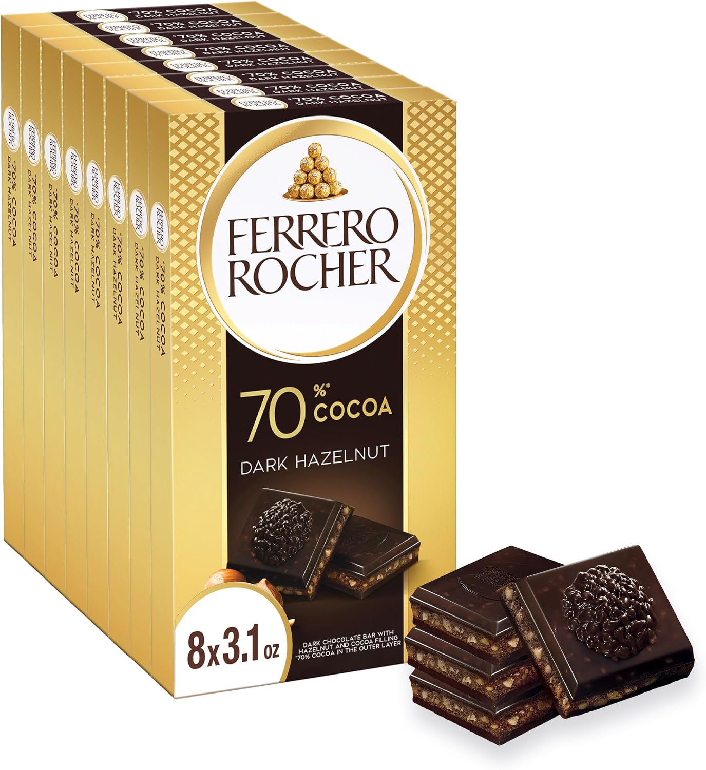 Ferrero Rocher 70% Dark Chocolate Candy Bars, Cocoa Hazelnut Filling, 8 Ct | Premium dark chocolate bars with a chocolate hazelnut filling, a sweet treat to satisfy sweet cravings
