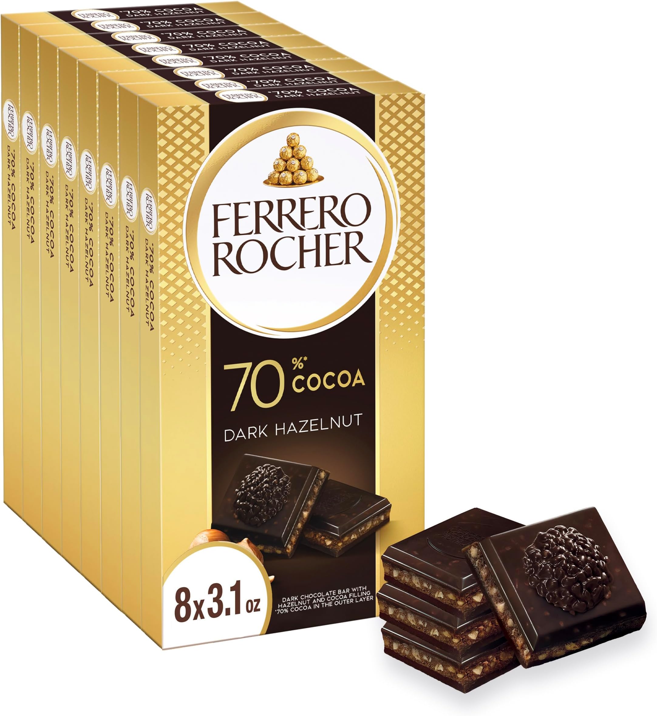Ferrero Rocher premium chocolate bar, 8 Pack, Dark chocolate bar, Hazelnuts and Cocoa Filling, Perfect Self Treat, 3.1 oz Each
