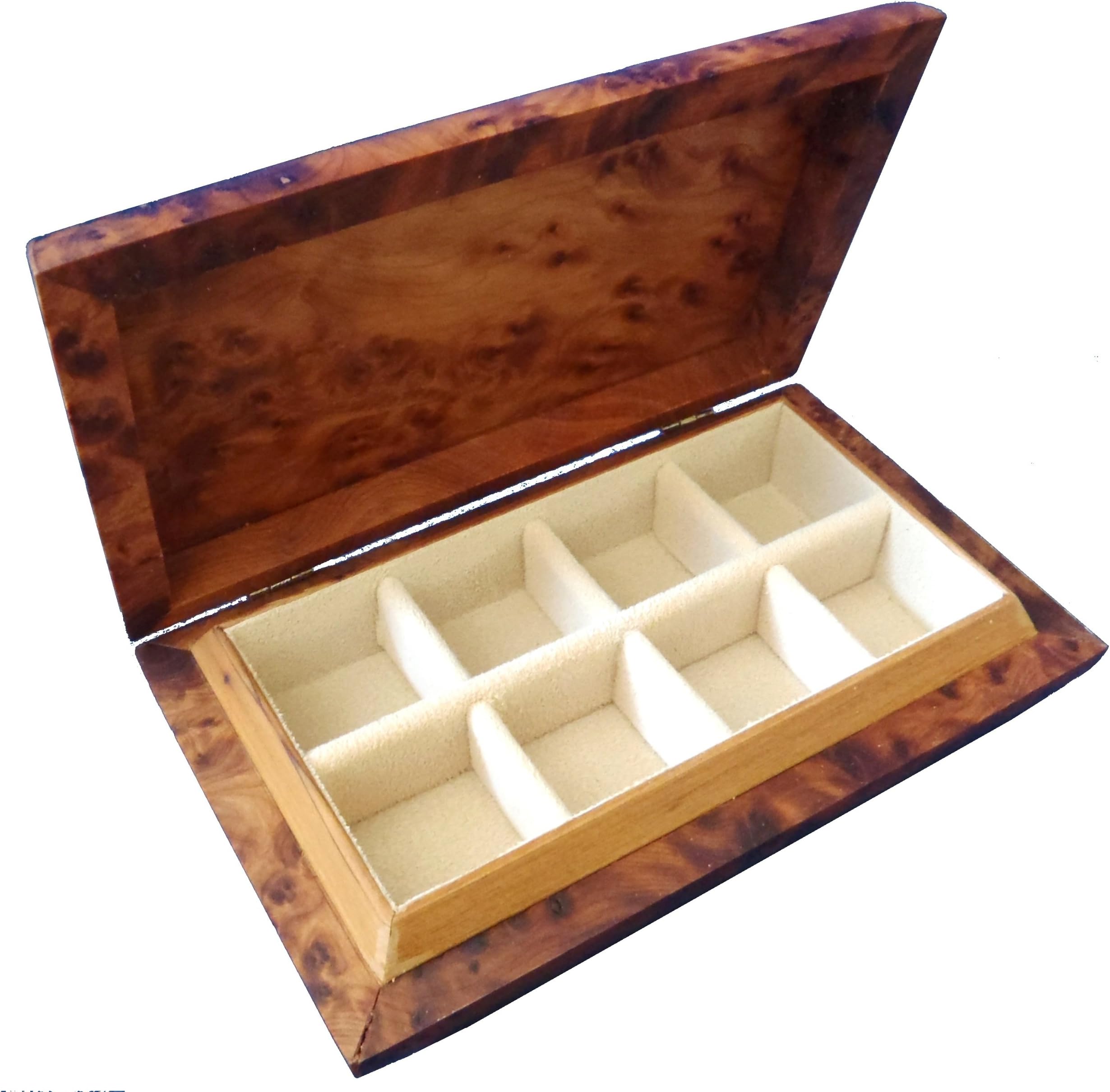 Wooden Handmade Jewellery Box Cufflink Earring Trinket Organiser Curved Edge Design 8 Compartments Cream Velvet Lined