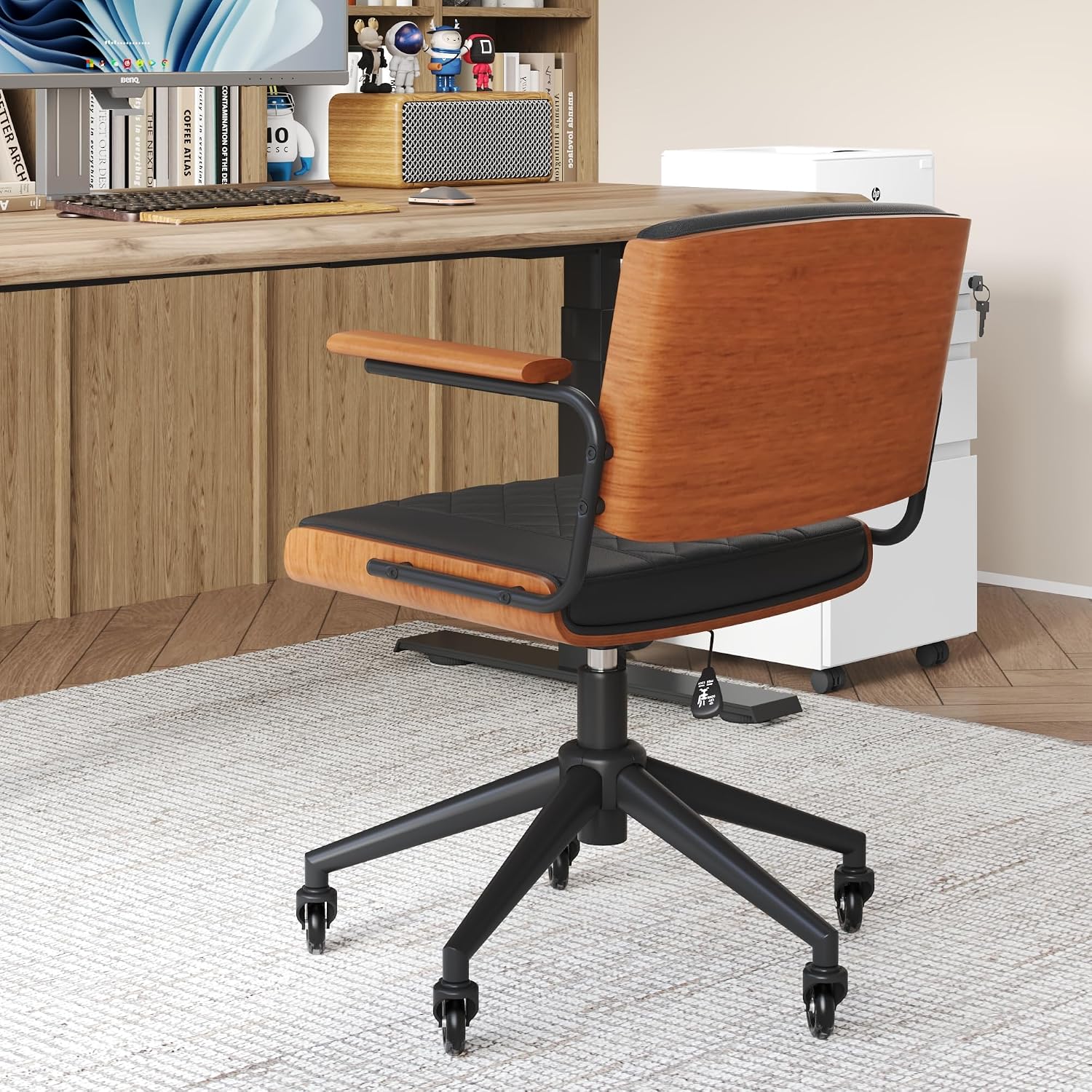 Ergonomic Office Chair with Rubber Wheels & Walnut Arms - PU Leather Mid-Back Desk Chair, Adjustable Height, Bentwood Backrest | Swivel Rocking Design for Home Office, Meeting Room, Study