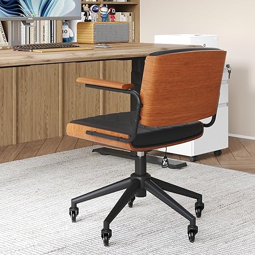 Miniatura 3 de Silla de oficina ergonómica con ruedas de goma y brazos de nogal, silla de escritorio de piel sintética, altura ajustable, respaldo de madera