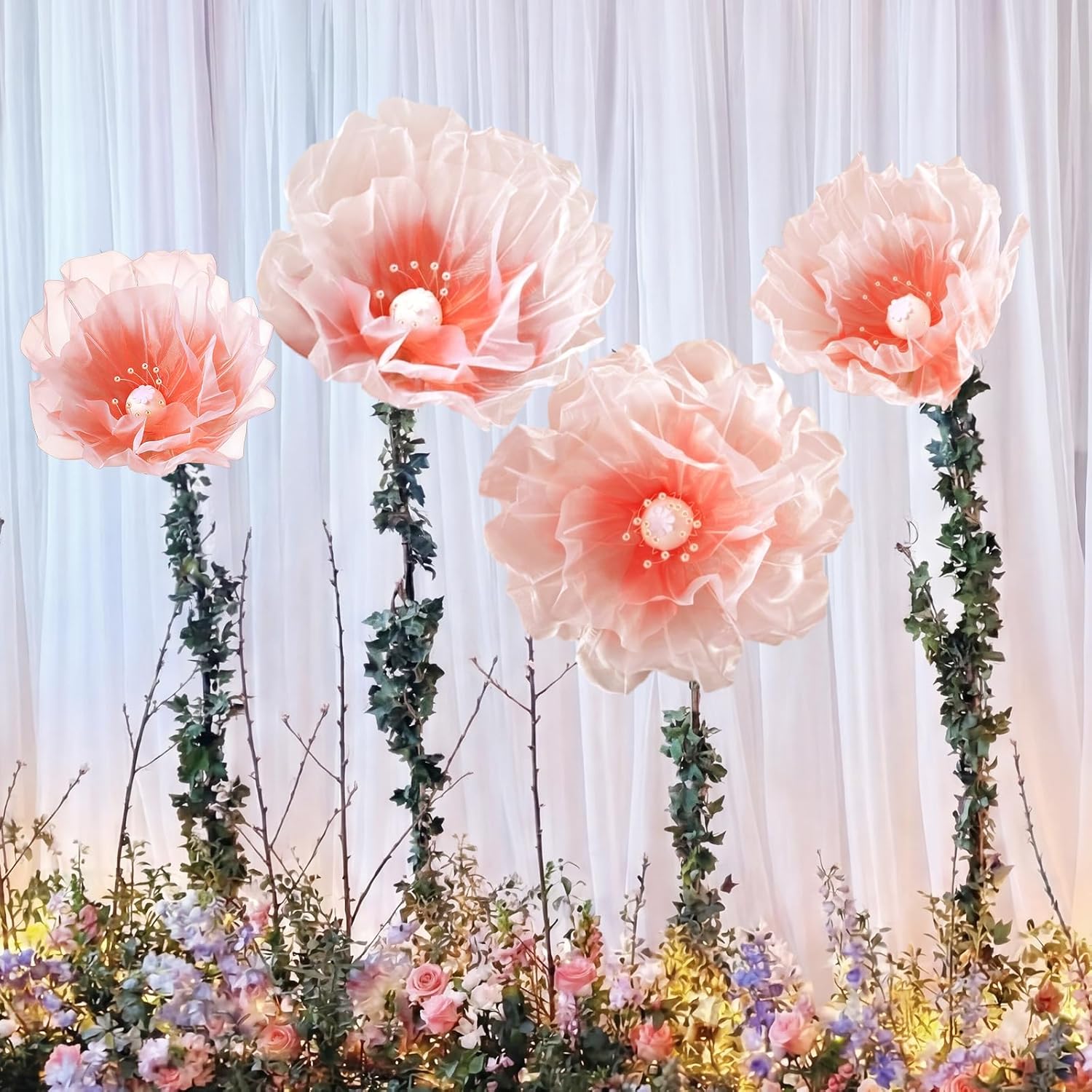 4 Pcs Wedding Giant Flowers Decorations 24 Inch 16 Inch 3D Large Silk Flowers Artificial Faux Floral Backdrop for Wedding Graduation Bridal Shower Birthday Party Supplies(Pink Gradient)