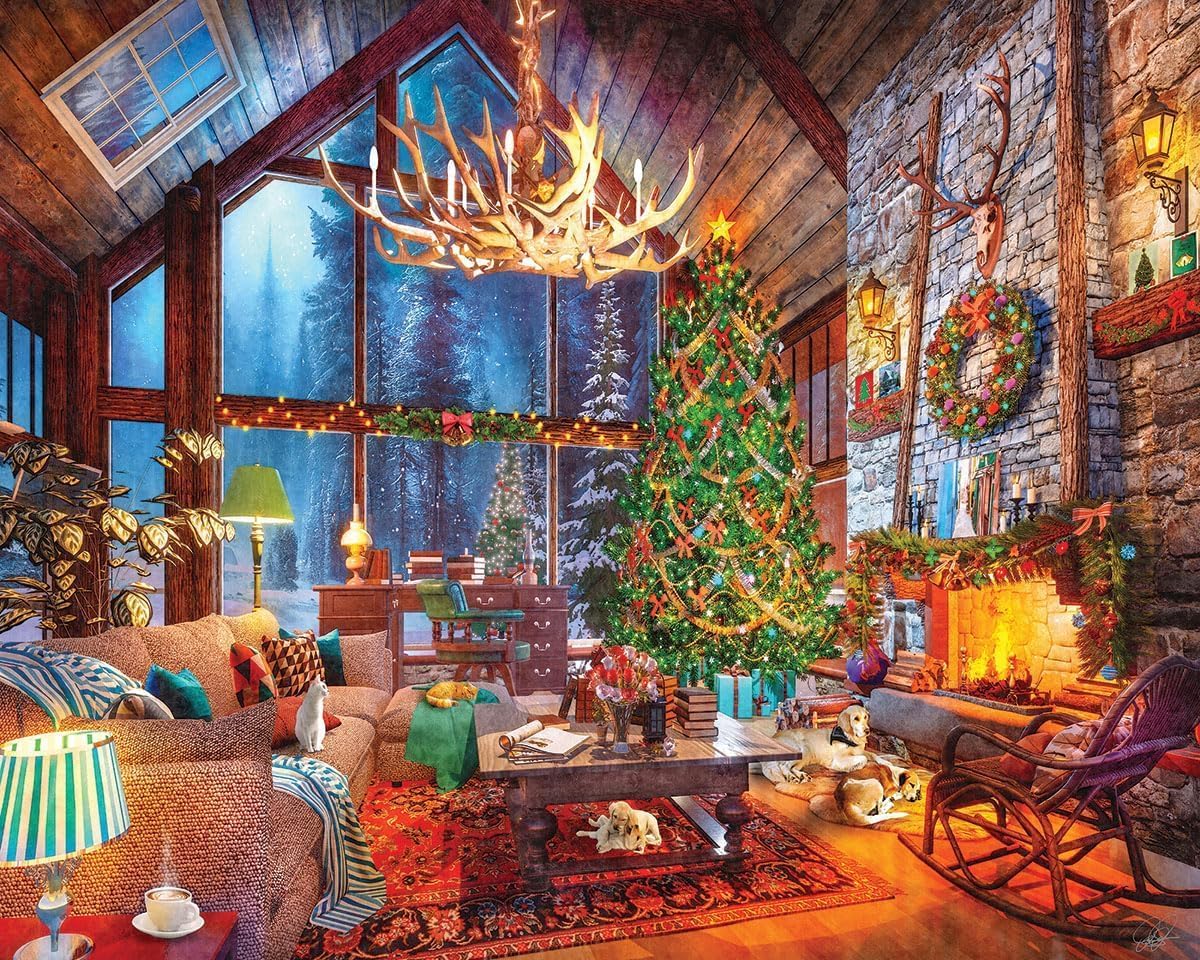 White Mountain Christmas at The Cabin Fun Winter for Family and Adults 1000 Pieces Wooden Jigsaw Puzzles Adults and Kids Educational Gift Women Men