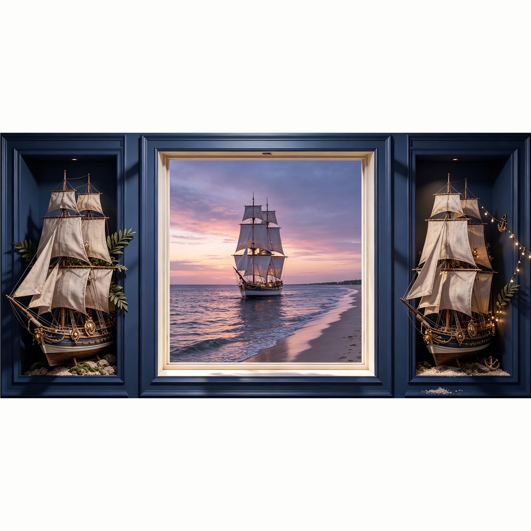 QZLITHOTIC 50x100cm 3D Framed Wall Art， Sunset Sailing Ship Nautical Coastal Self‑Adhesive Mural， Water‑Activated Peel & Stick Fabric Decor Wall Decal for Bedroom Living Room
