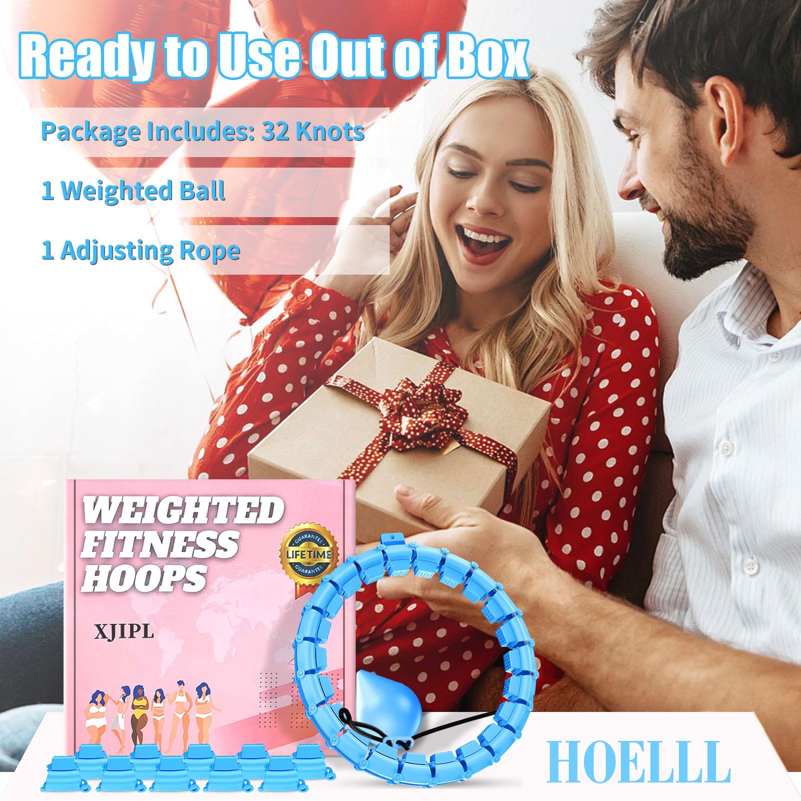 HOELLL Cerceau lesté réglable Amovible de 165,6 cm pour Perte de Poids pour Adultes, Cerceau de Fitness Silencieux avec 32 maillons, cerceaux d'exercice intelligents et Amusants pour Femmes et
