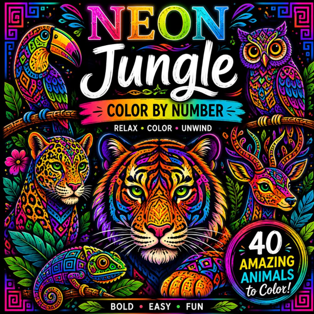 Neon Jungle Color by Number: 40 Bold Vibrant Animal Designs for Adults – Relaxing Stress Relief Coloring Book with Tribal Jungle Creatures and Neon Patterns