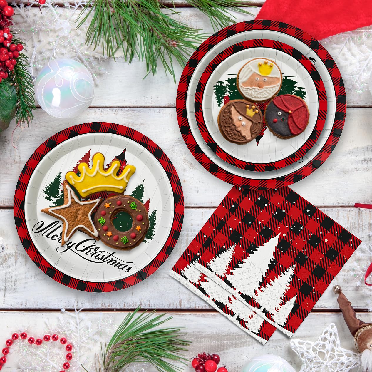 Homlouue 200 platos y servilletas de papel de Navidad, platos y servilletas rojos y blancos desechables, platos y servilletas de Navidad para 50 invitados, decoraciones de mesa de fiesta de Navidad