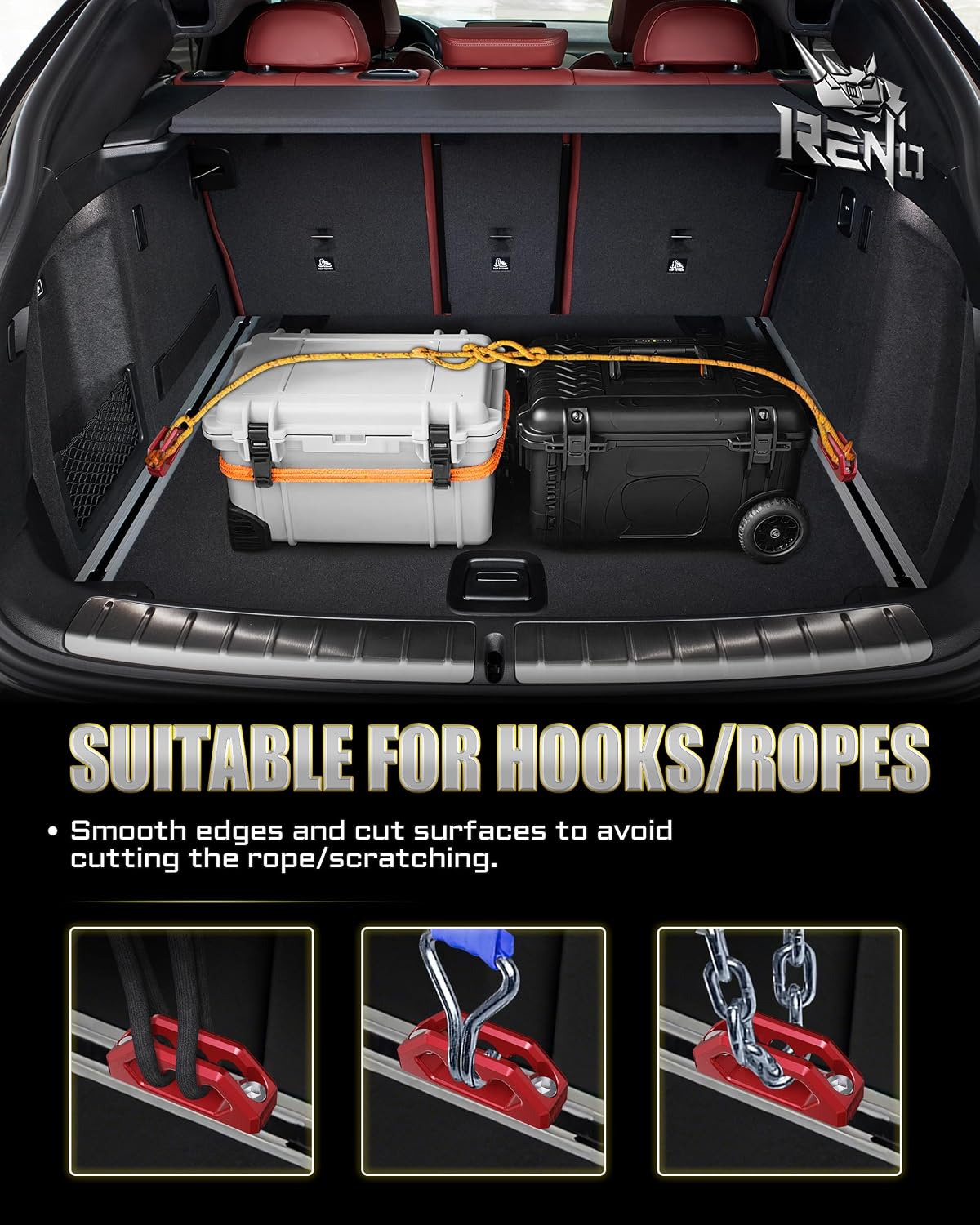 RENO Bed Rail Cleats, Tie Down Anchors for Rear Trunk Cargo Luggage Lashing Rail Compatible with X3 X4 X5 X6 Hybrid, Replaces 51477146024/51473400537/51477331198/51-47-7-146-024 (Aluminum, Red, 2PCS)