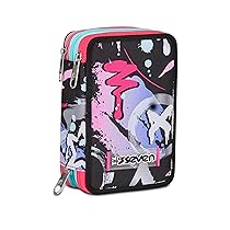 Seven Astuccio Scuola 3 Zip, Nero Viola Fucsia, Mark On Girl, Portapenne Triplo Scomparto Completo Di Penne, Matite, Colori, Accessori Zaino, Elementari, Medie, Bambina