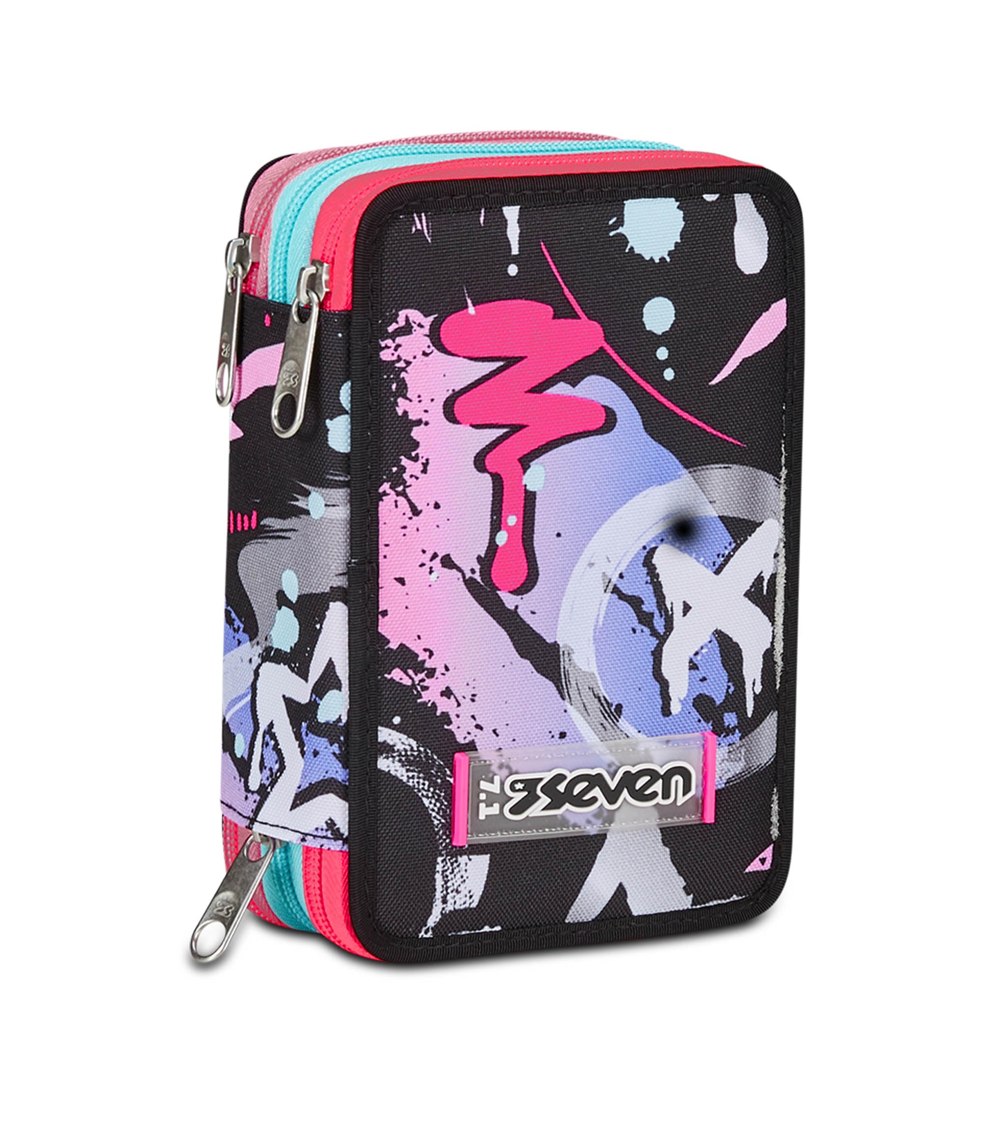 Seven Astuccio Scuola 3 Zip, Nero Viola Fucsia, Mark On Girl, Portapenne Triplo Scomparto Completo Di Penne, Matite, Colori, Accessori Zaino, Elementari, Medie, Bambina
