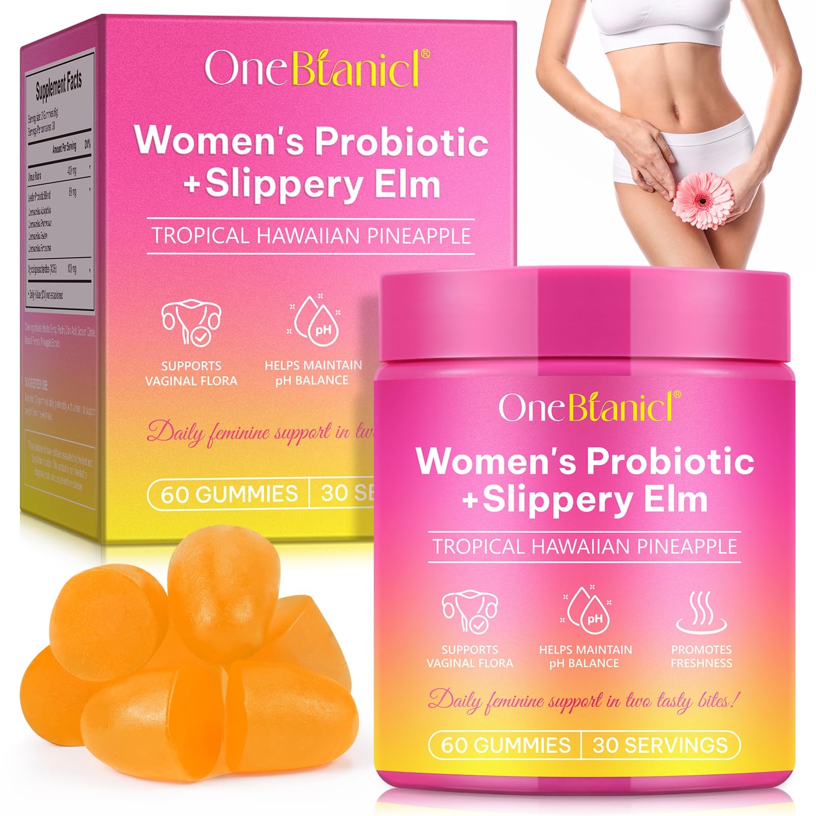 Vaginal Probiotics Gummies, Probiotische Gummis für Frauen Mit Lactobacillus & Ulmenrinde Unterstützung des Wohlbefindens & der Verdauungsgesundheit Pineapple Geschmack, 60 Stück