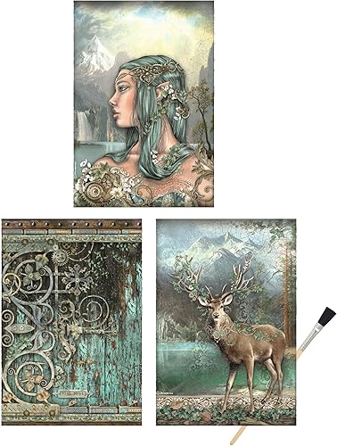 Papel de arroz Steampunk 3 papeles de arroz para Decoupage Hoja de papel de arroz decorativa vintage ciervos, juego temático de bosque para