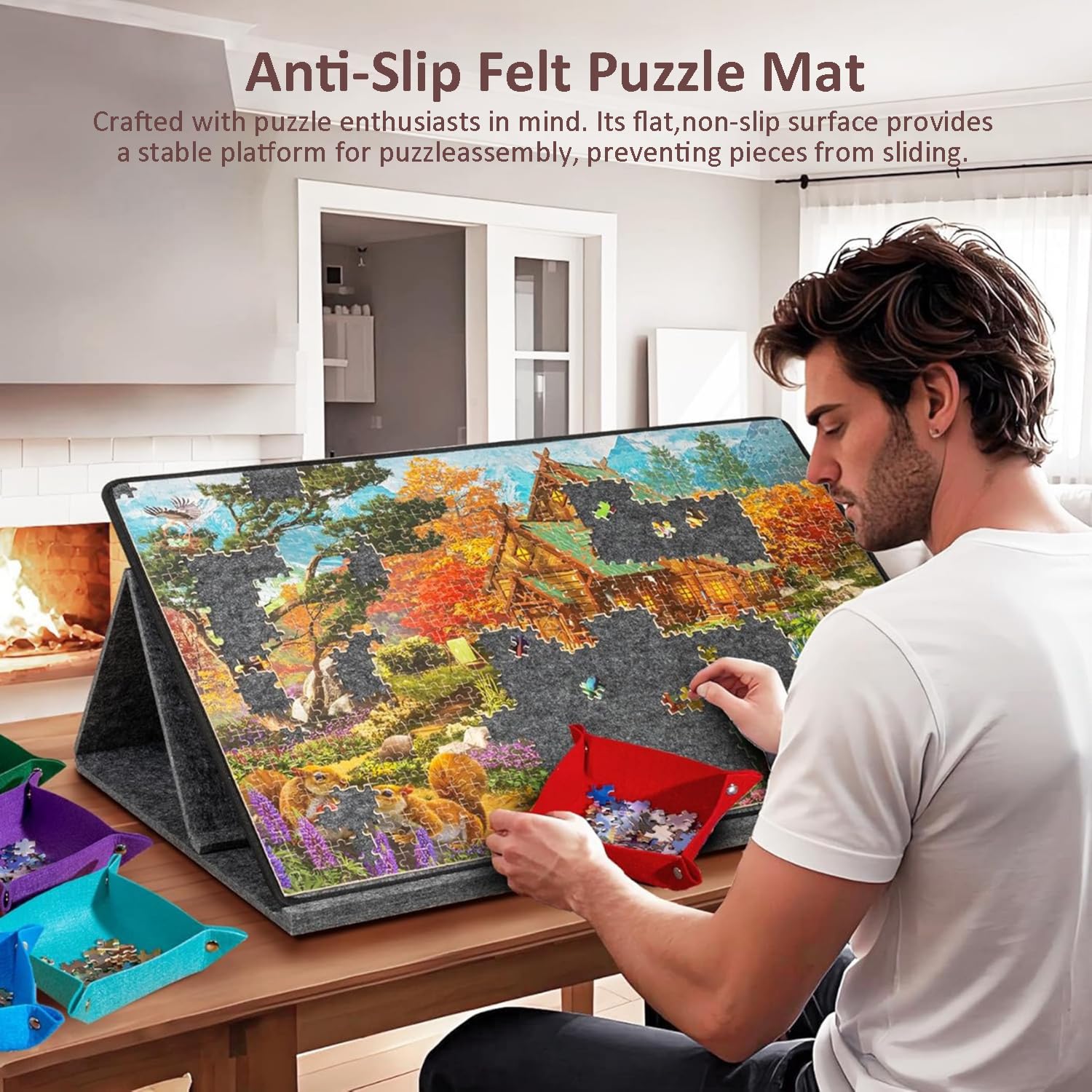 Taca na puzzle 1000 elementów ze stojakiem i pokrywką 2 w 1, taca na puzzle, przenośna mata do puzzli z 6 kolorowymi miseczkami do sortowania, przechowywanie puzzli, antypoślizgowy filc, regulowany