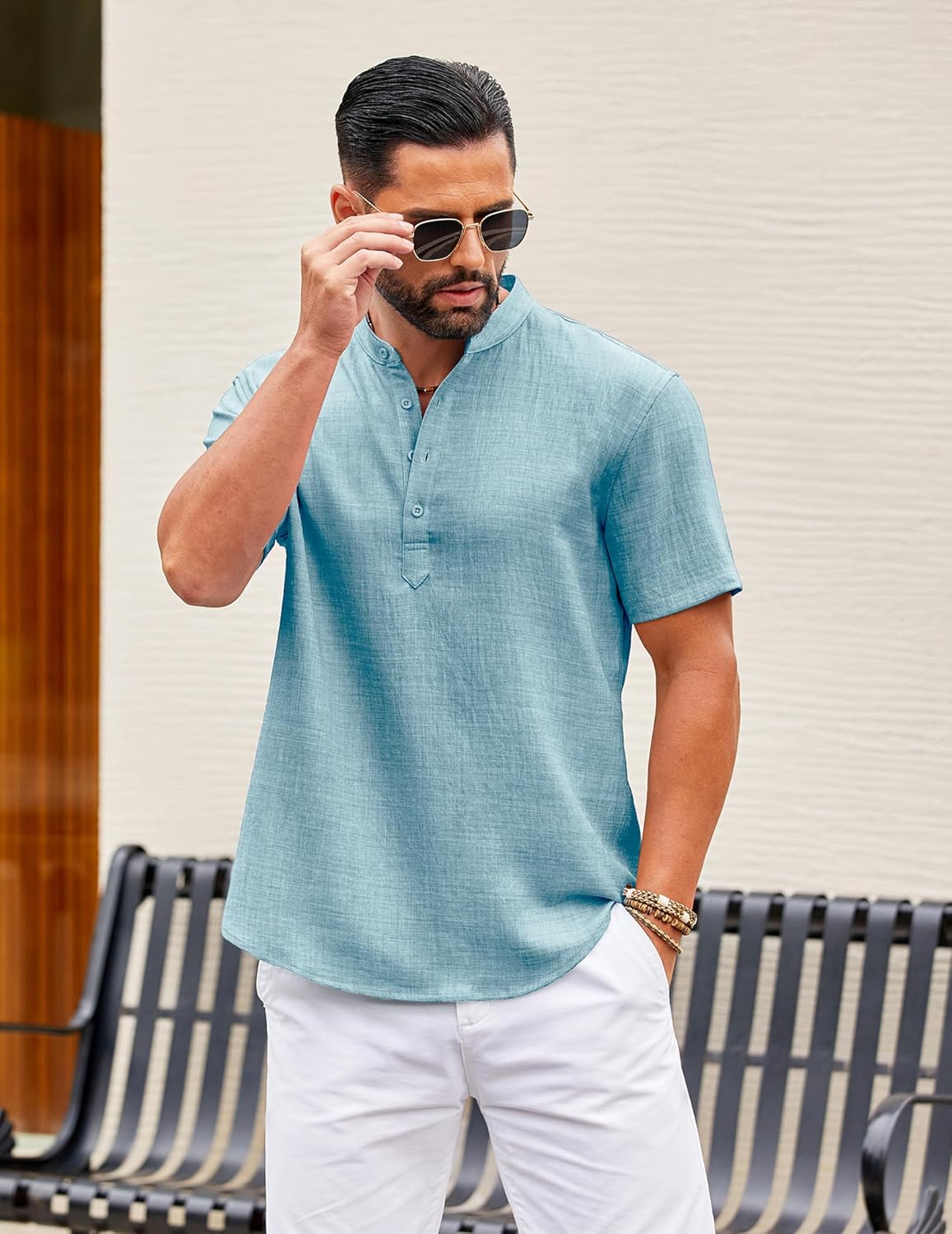 COOFANDY Men's Casual Henley Shirt Short Sleeve Summer Shirts Linen Band Collar Summer Beach Hippie T-Shirts - Image 3